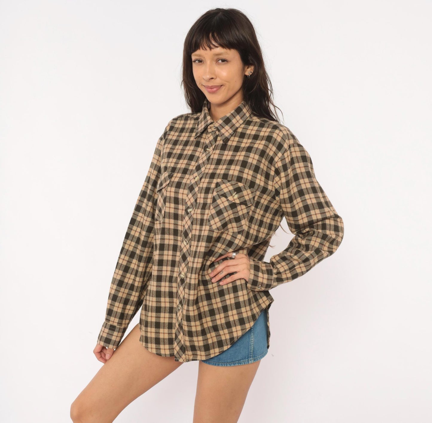 80s High Sierra Plaid Flannel Shirt Tan Brown Check Large L