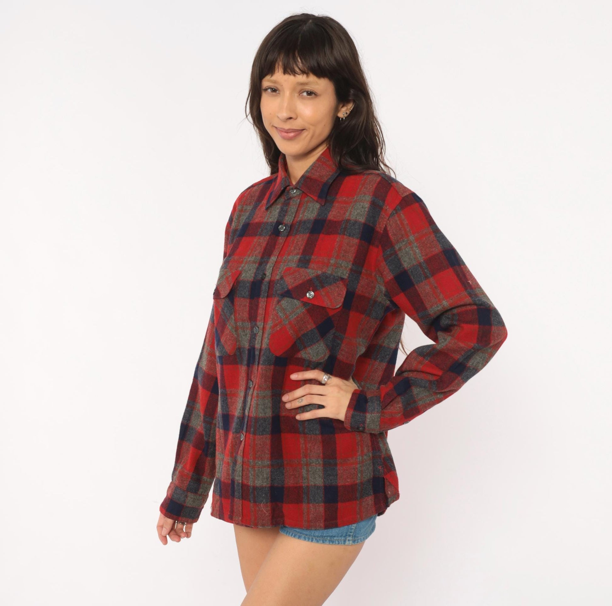 80s Woodland Wool Flannel Shirt Red Navy Grey Plaid Button-Up Small