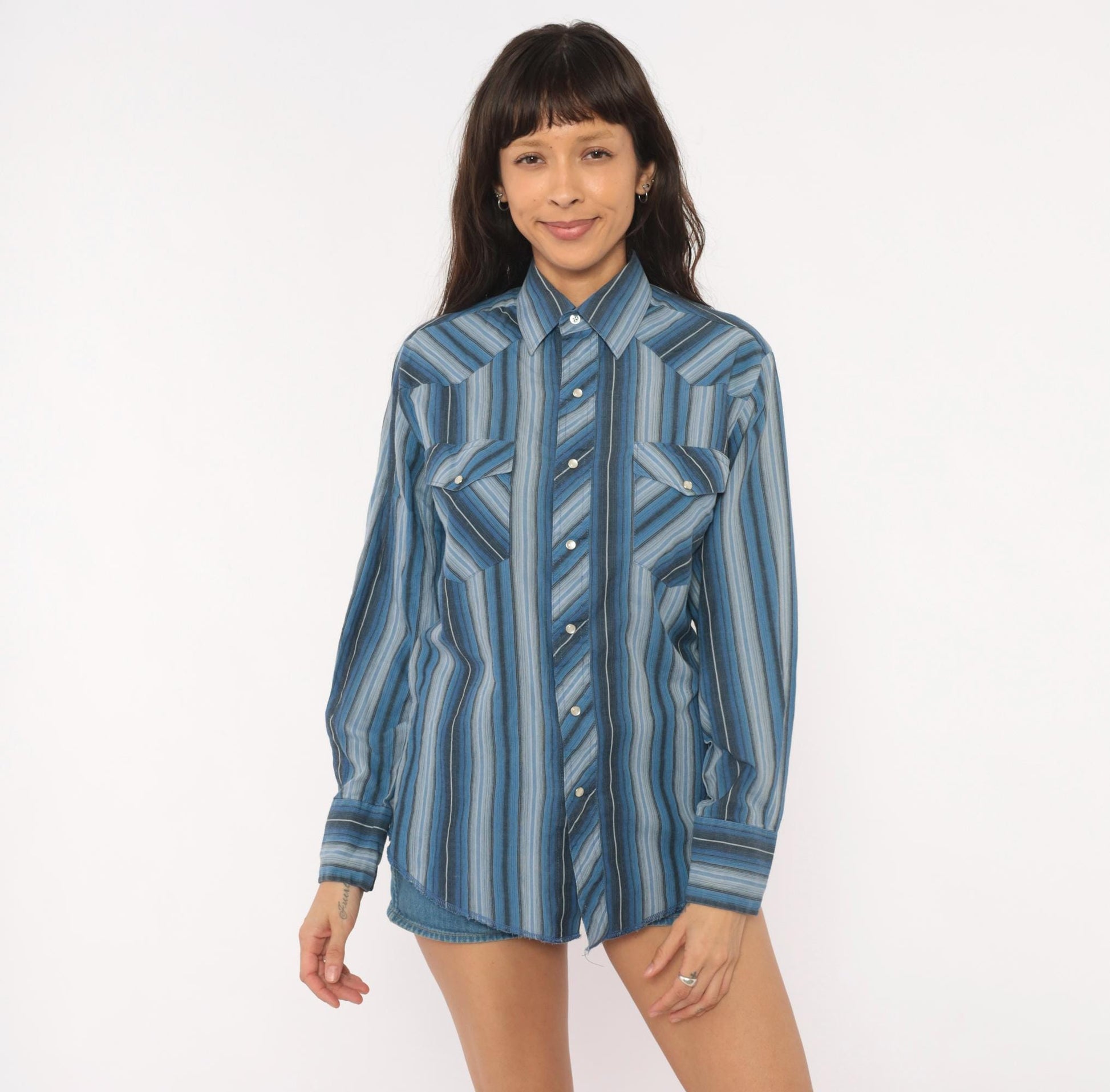 90s Wrangler Western Shirt Blue Striped Pearl Snap Pointed Collar Small S