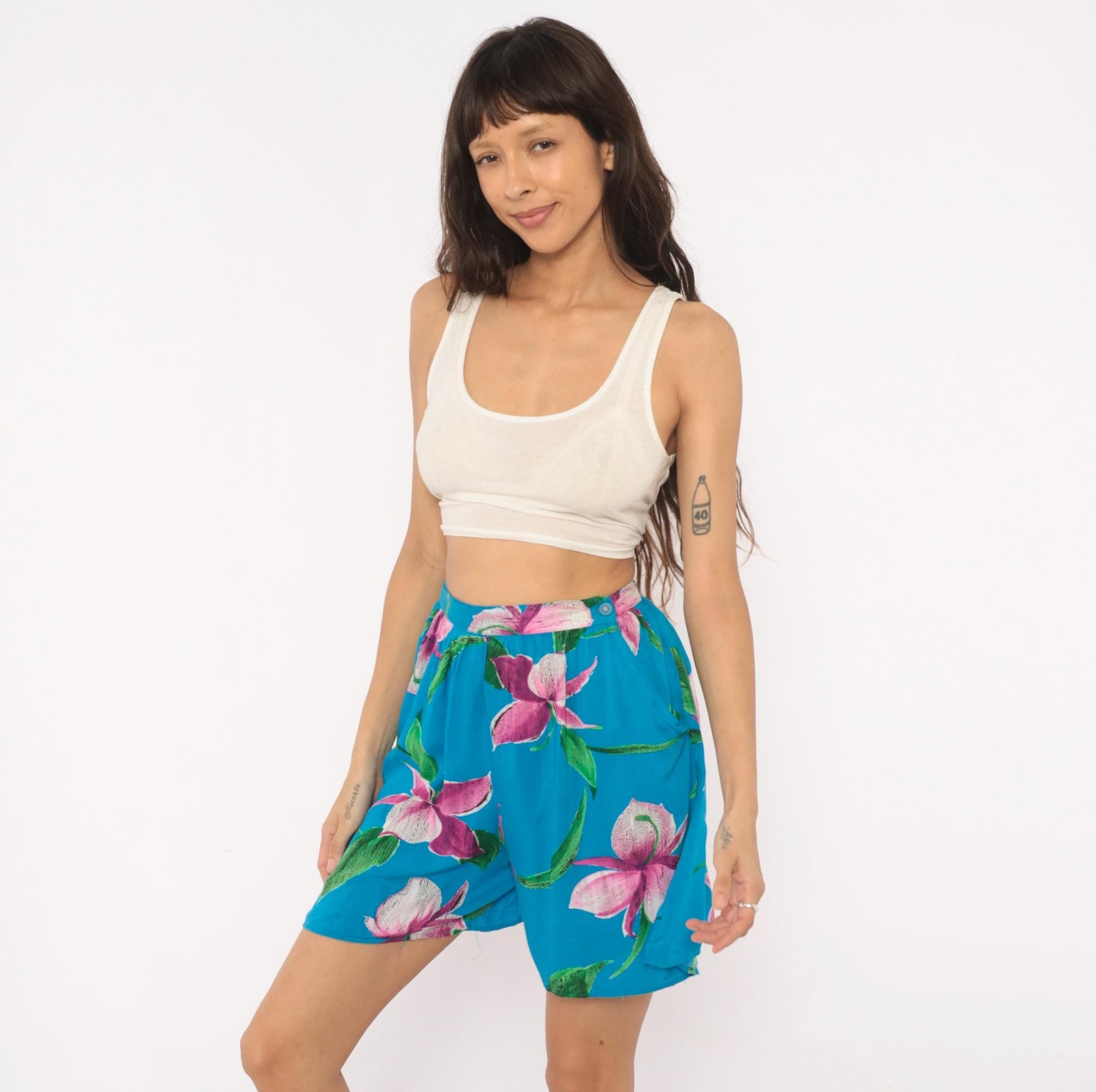 90s Profiles Tropical Floral Shorts Teal Orchid High Waist Wide Leg Small