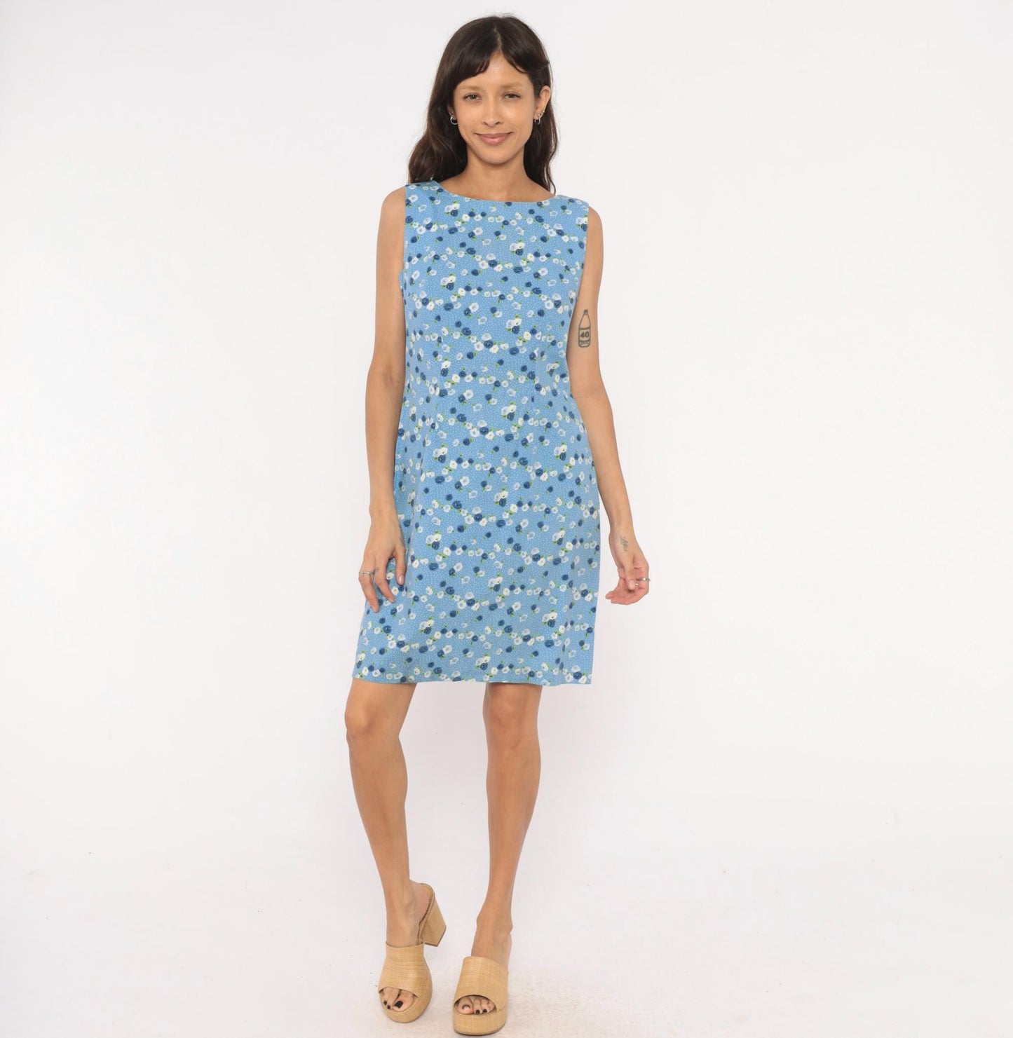 90s Cdc Floral Shift Dress Sky Blue Cotton Sleeveless Medium