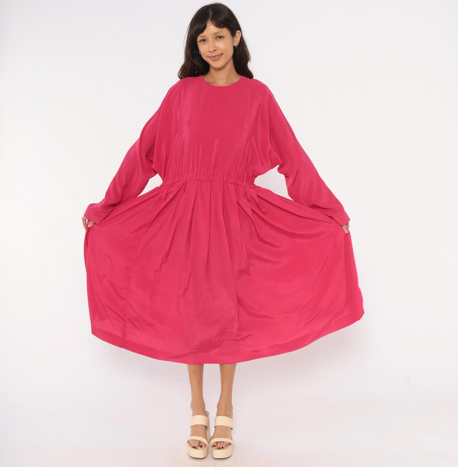 1980s J.Ellis II Fuchsia Midi Dress Blouson Waist Pleated Skirt Extra Large