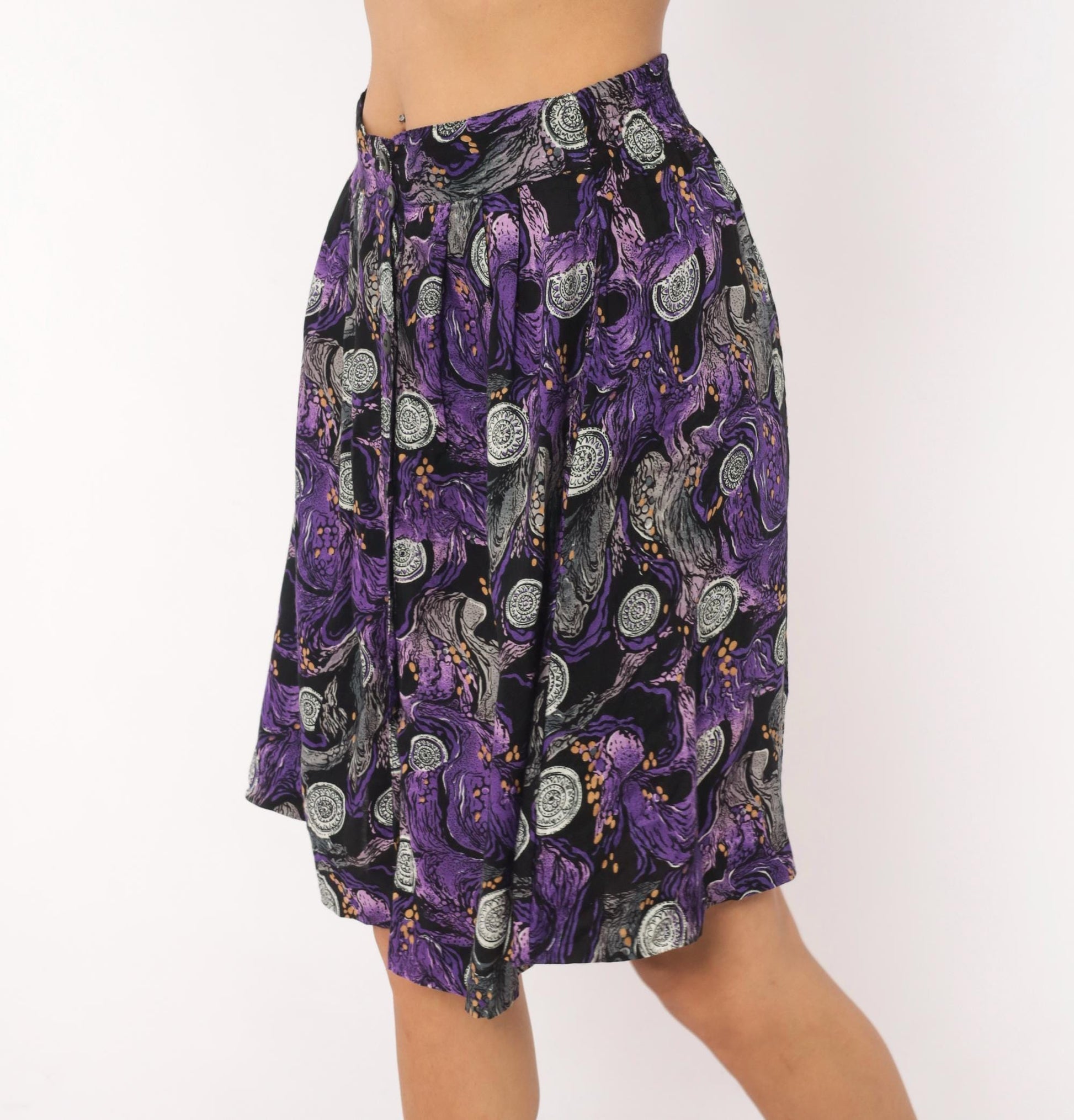 90s A Fine Line Abstract Swirl Mini Skirt Purple Button Front Small