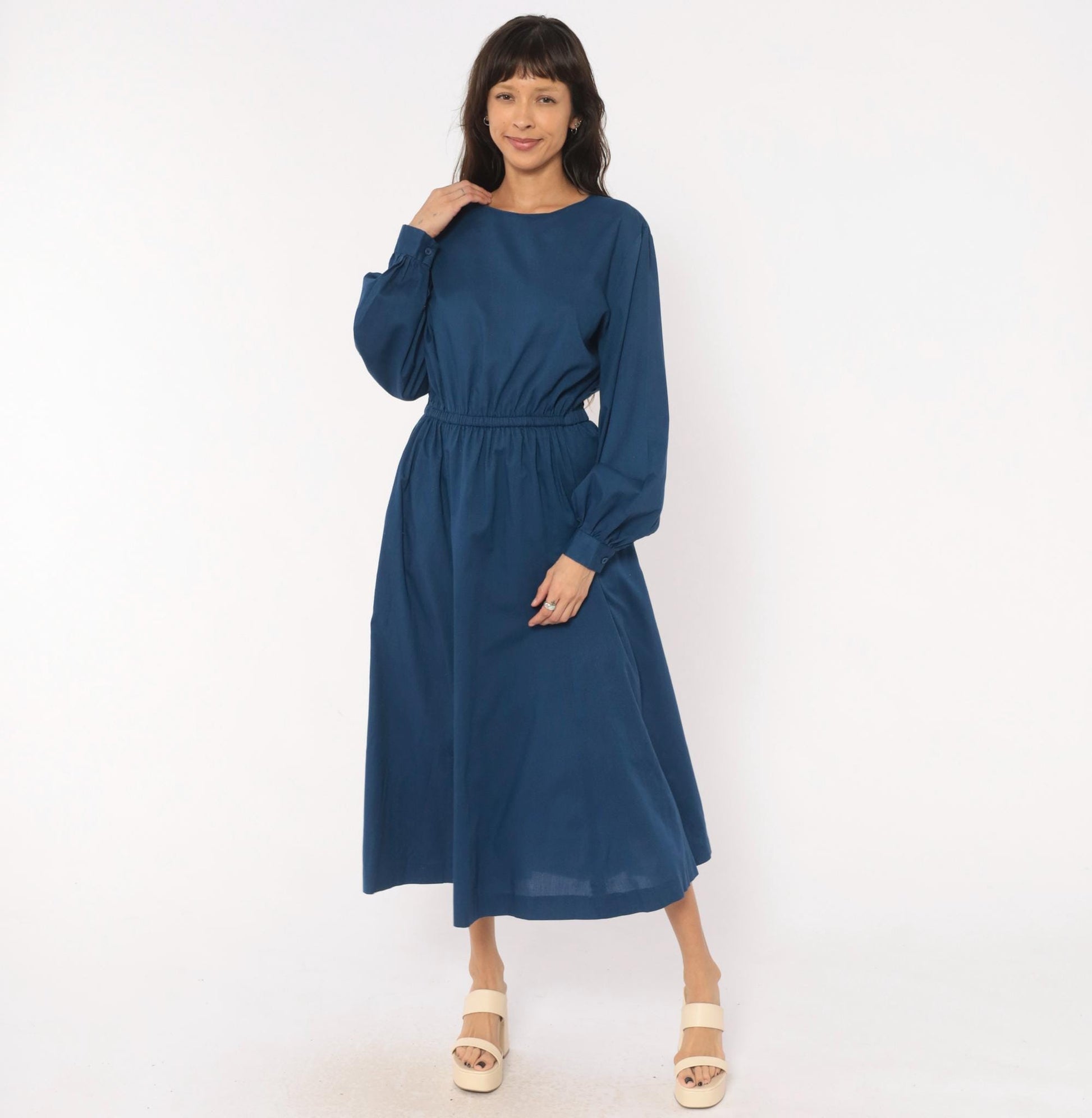 80s Navy Cotton Midi Dress Balloon Sleeve Elastic Waist Small Medium