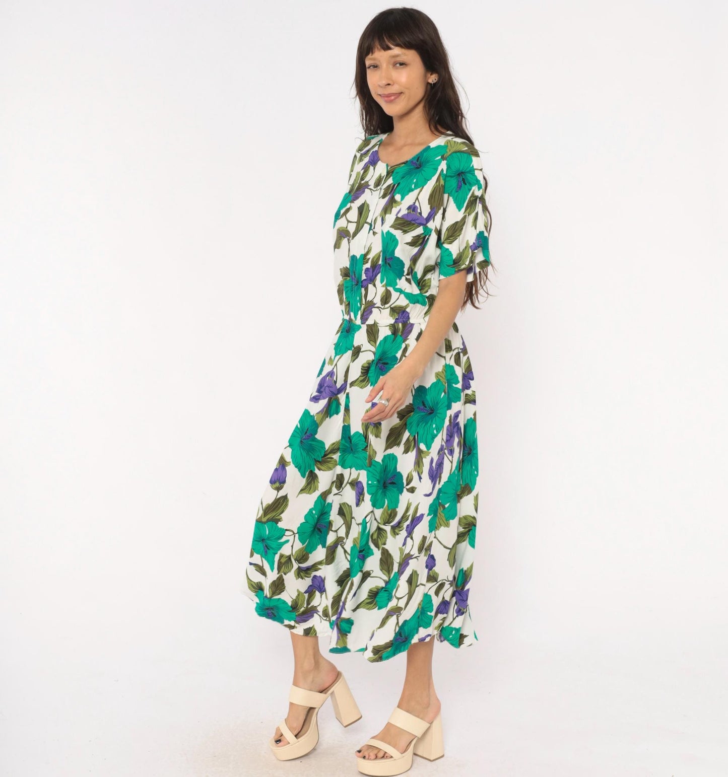 80s Tropical Hibiscus Midi Dress Teal Purple Floral Button Front Large L