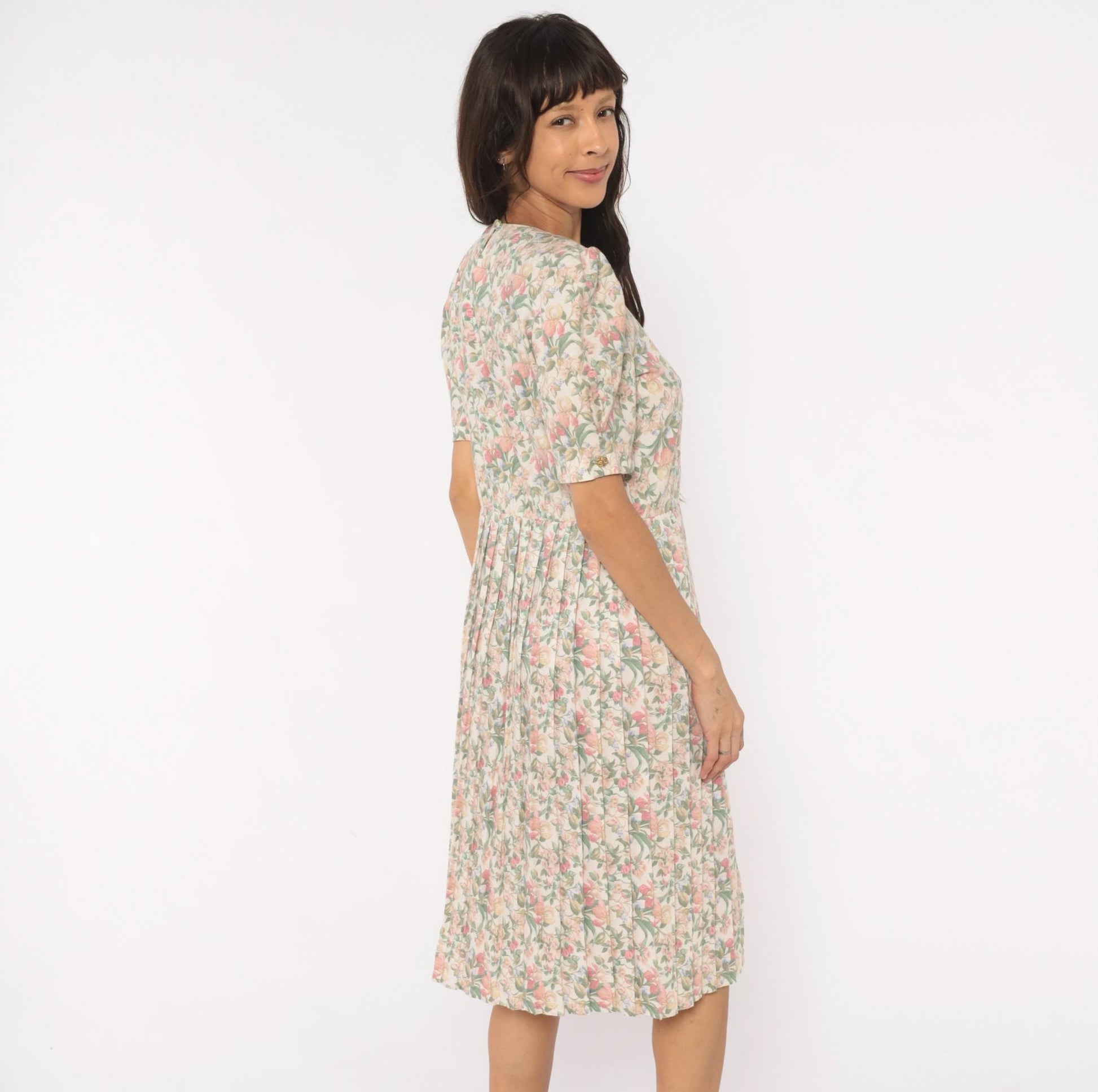80s Jenny Petites Floral Puff Sleeve Dress Cream Pink Sage Small