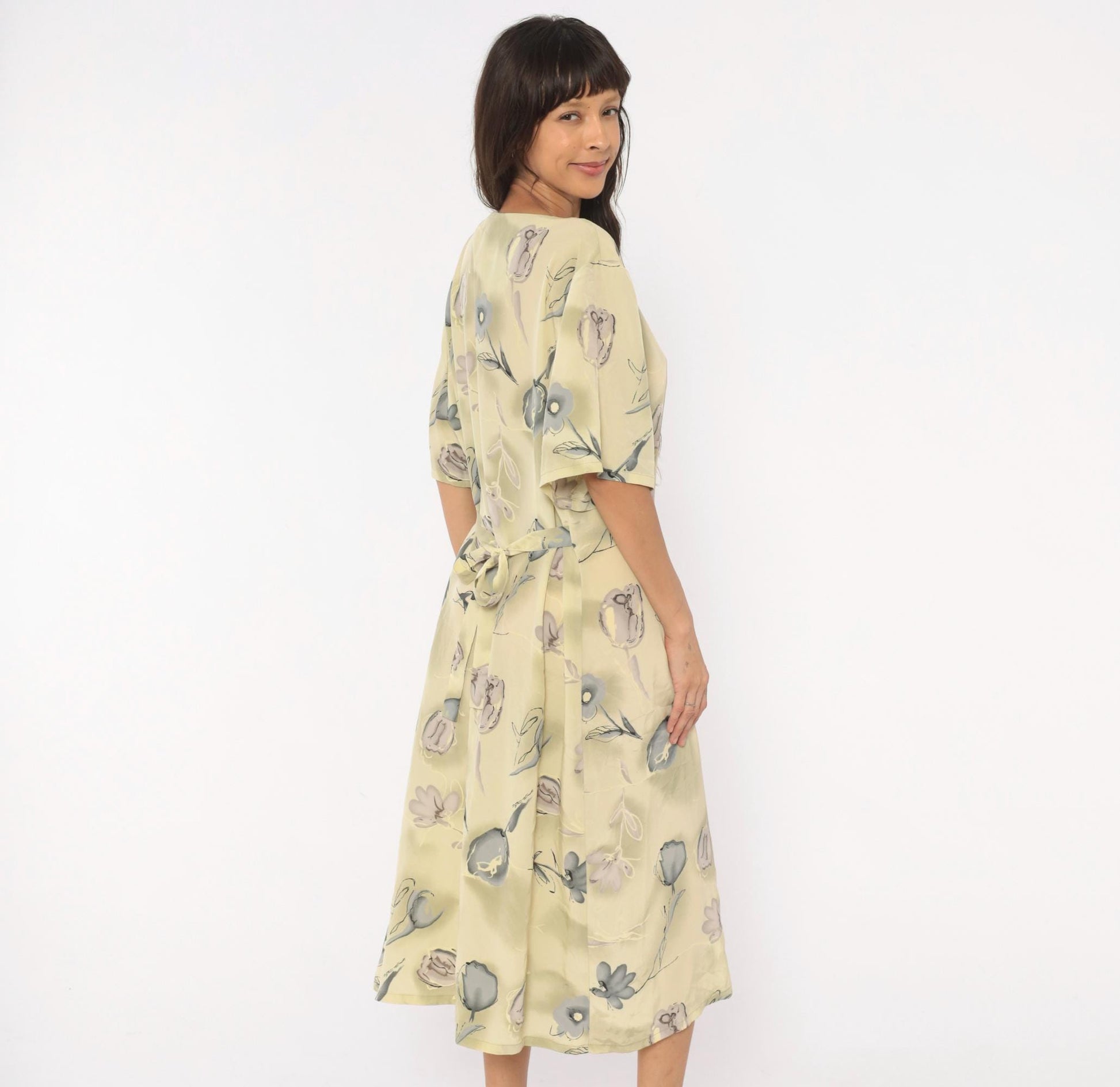 90s Voir Floral Button Front Midi Dress Olive Watercolor Print Plus Size XXL
