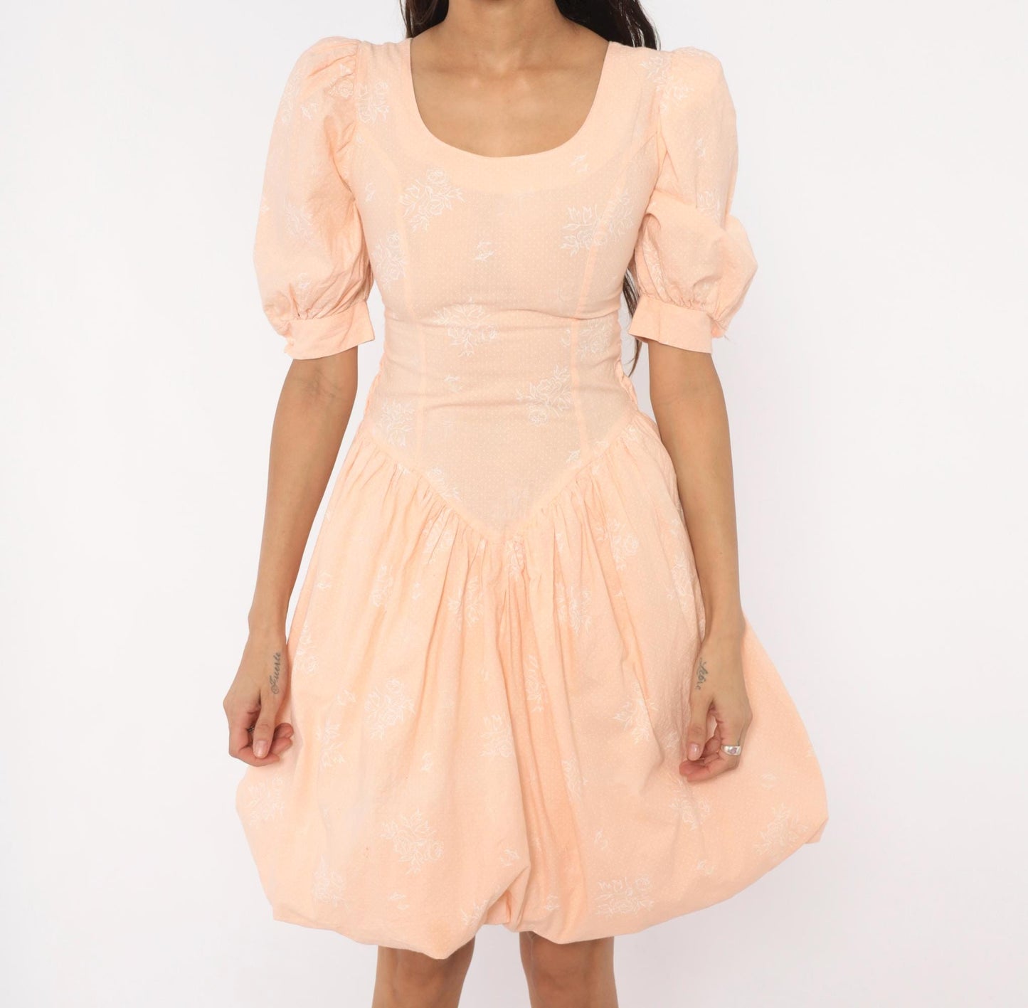 80s J.B.Xpress Puff Sleeve Mini Dress Peach Floral Cotton Basque Waist Extra Small XS