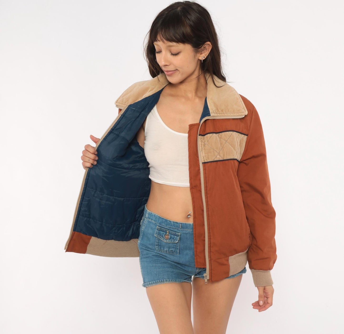70s Golden Bay Ski Bomber Jacket Rust Brown Corduroy Color Block Small