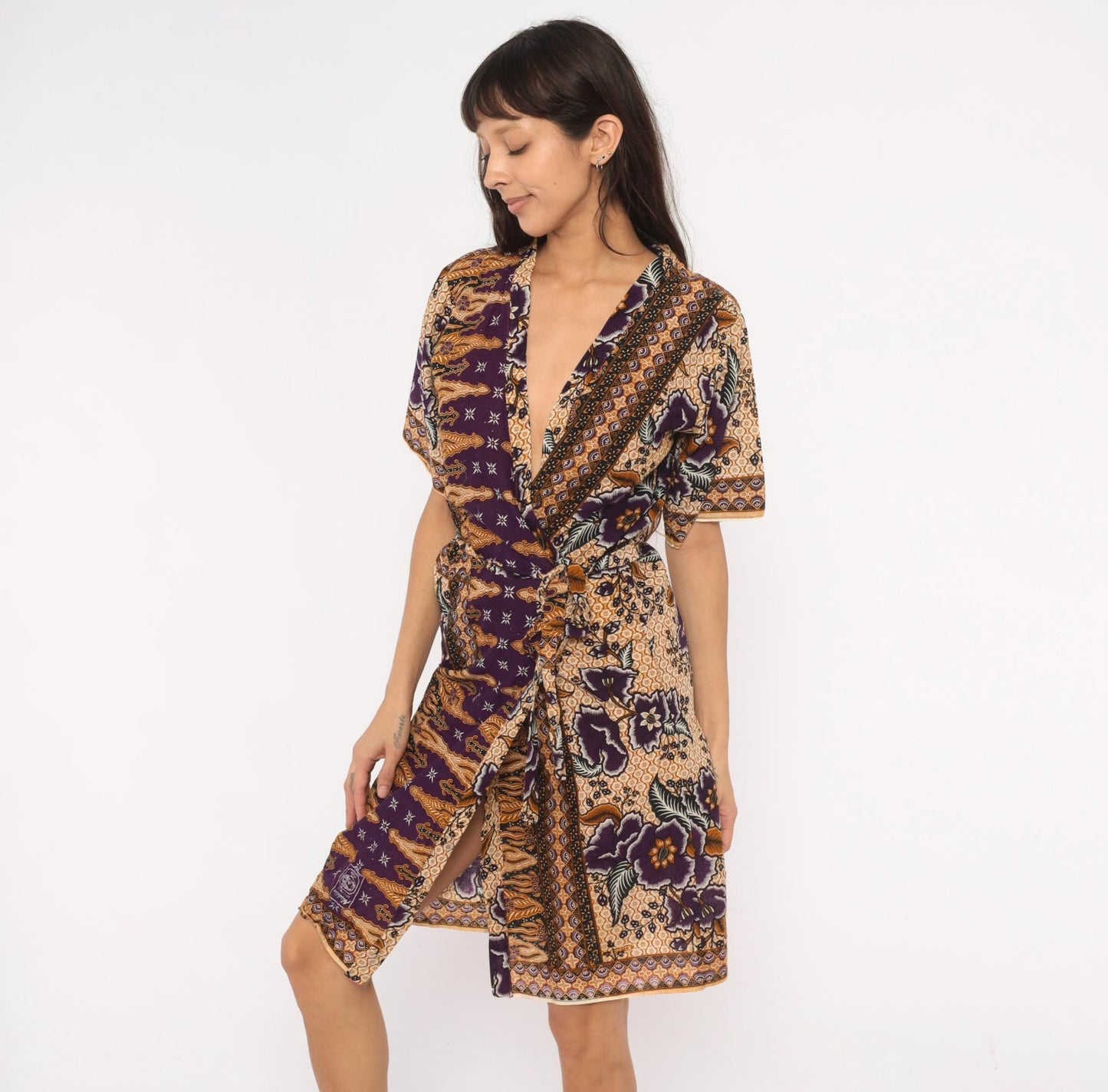 90s Batik Keris Wrap Dress Purple Mustard Floral Kimono Sleeve Small