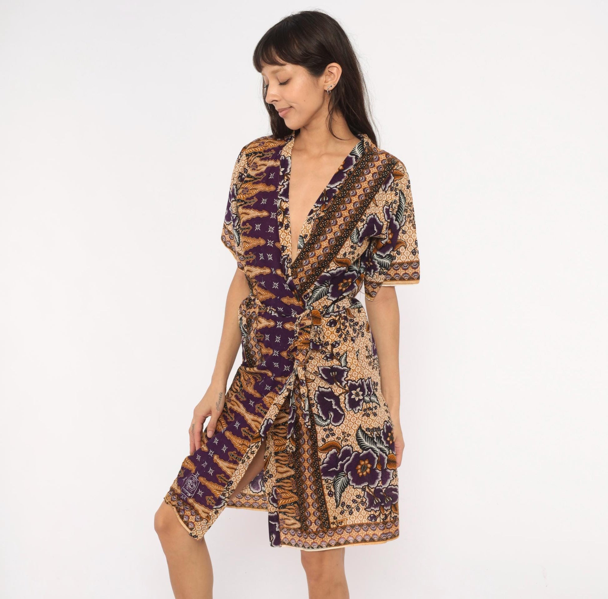90s Batik Keris Wrap Dress Purple Mustard Floral Kimono Sleeve Small