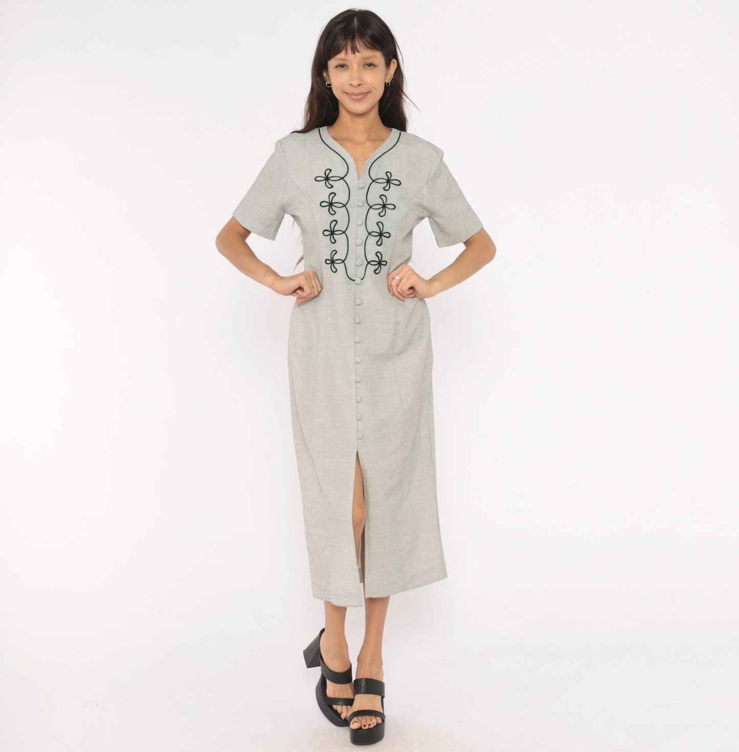 90s DJI Grey Midi Dress Soutache Embroidered Button Front V Neck Medium M