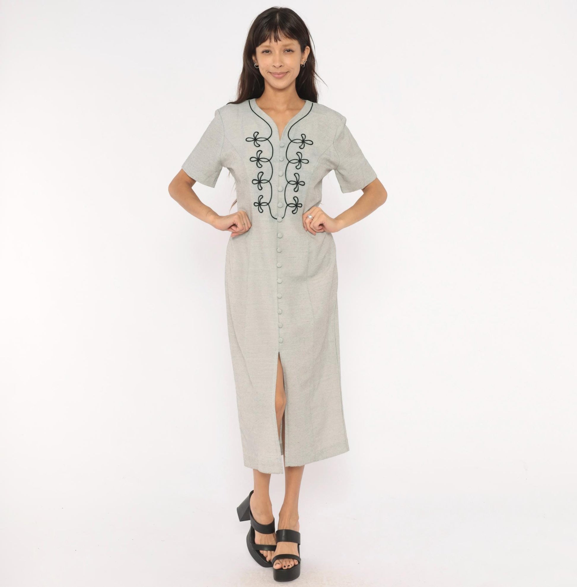 90s DJI Grey Midi Dress Soutache Embroidered Button Front V Neck Medium M