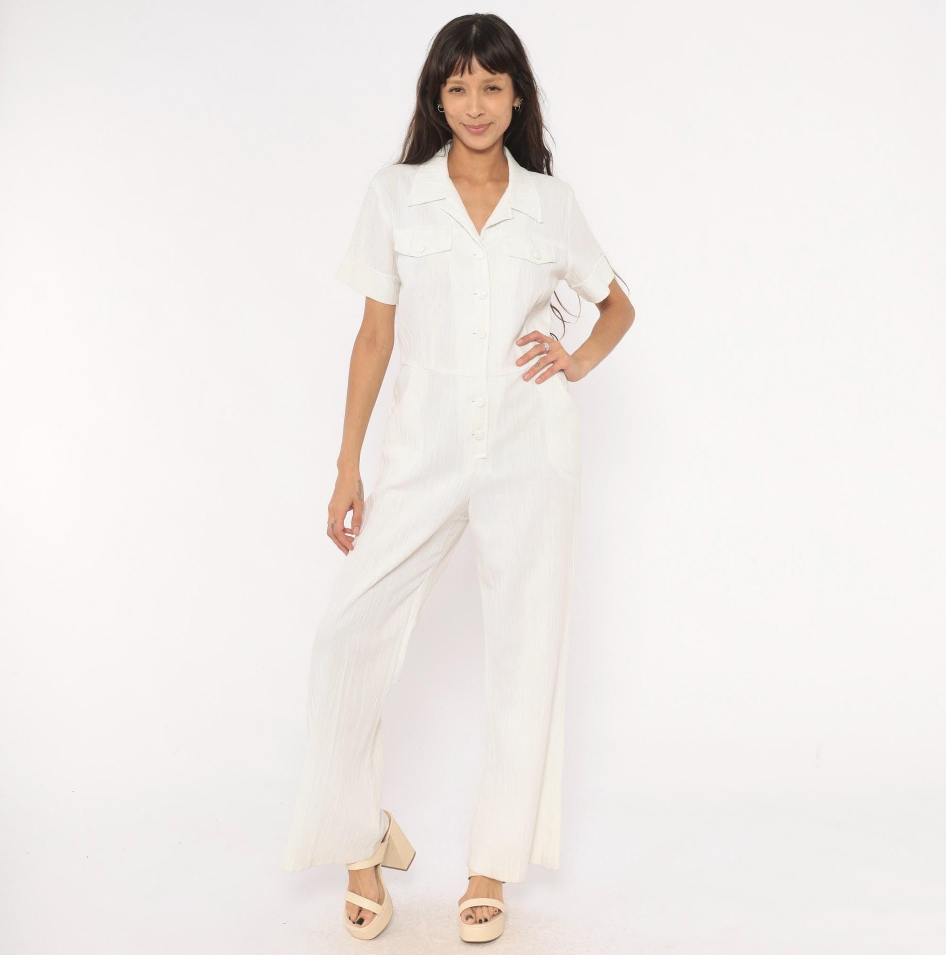 70s White Cotton Linen Jumpsuit Button Front Wide Leg Camp Collar Medium M