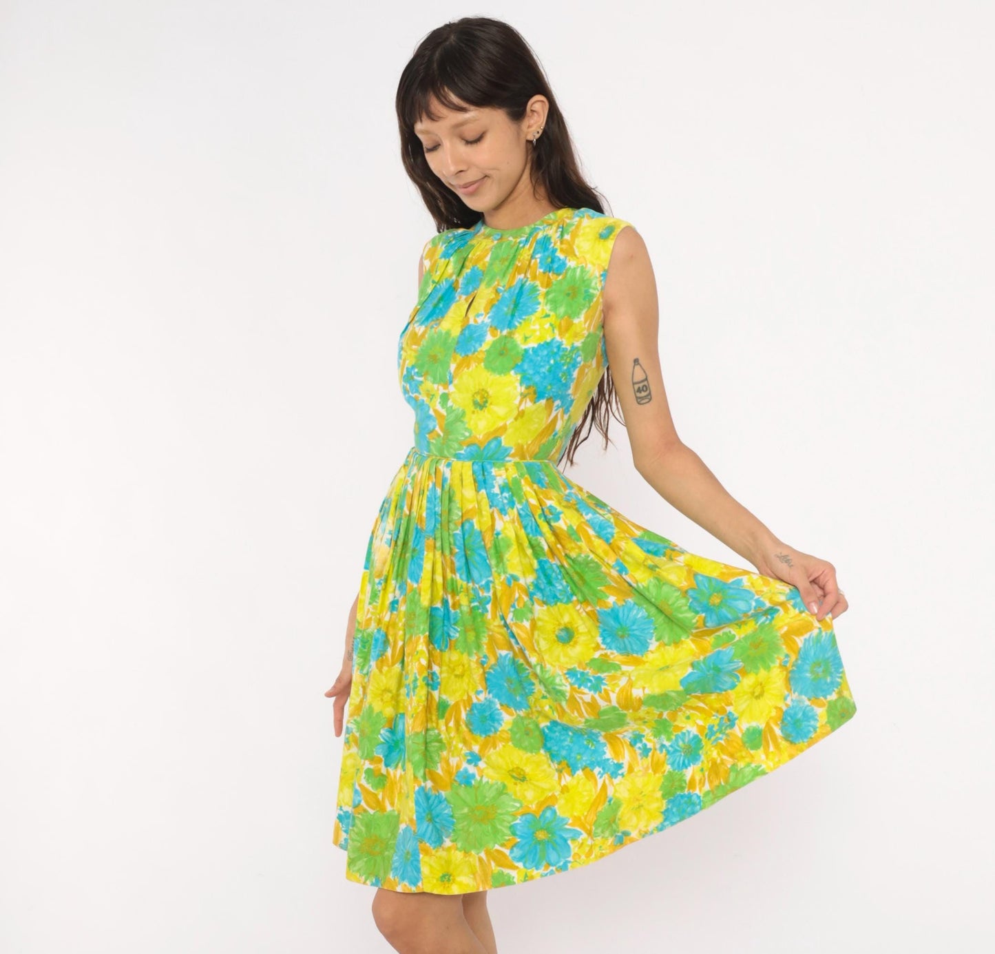 60s Floral Fit-and-Flare Sundress Daisy Print Yellow Green Blue Cotton XS
