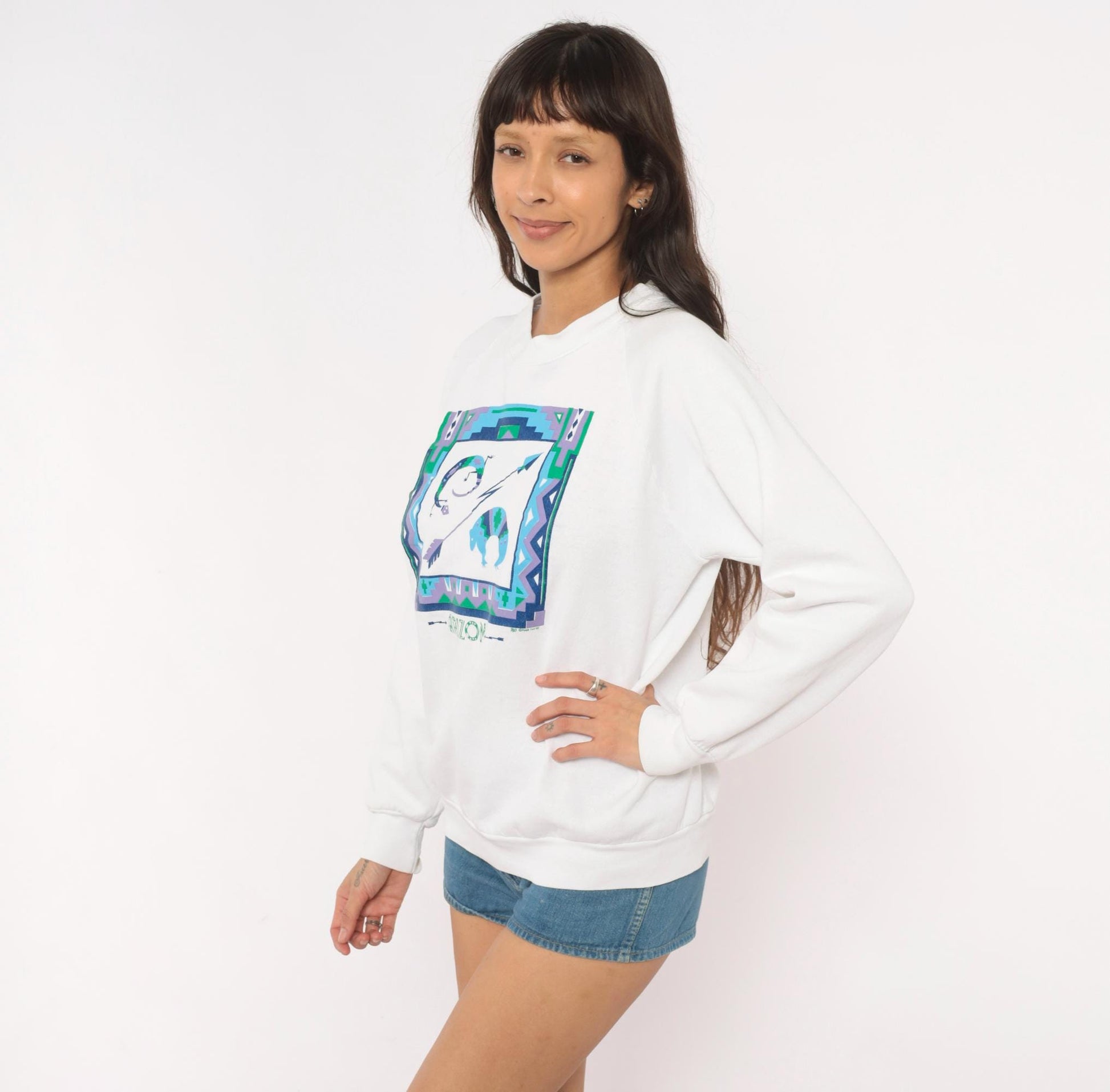 90s Fruit Of The Loom Arizona Southwestern Graphic Sweatshirt White Medium