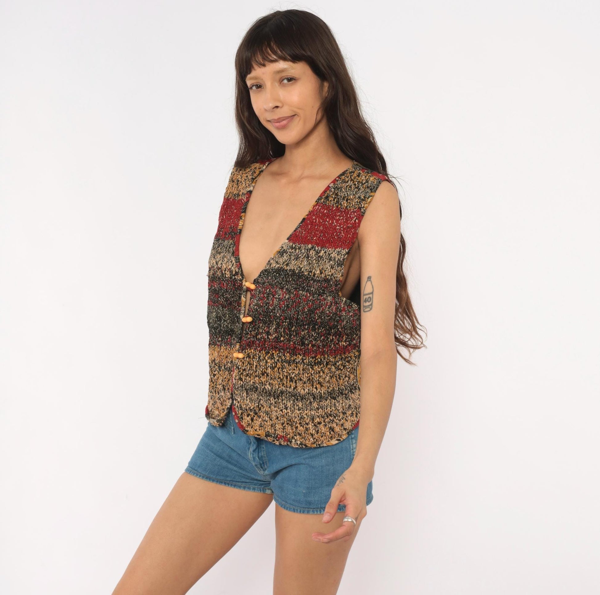 90s Knit Vest Multicolor Striped Toggle Button V-Neck Tan Red Black Medium M