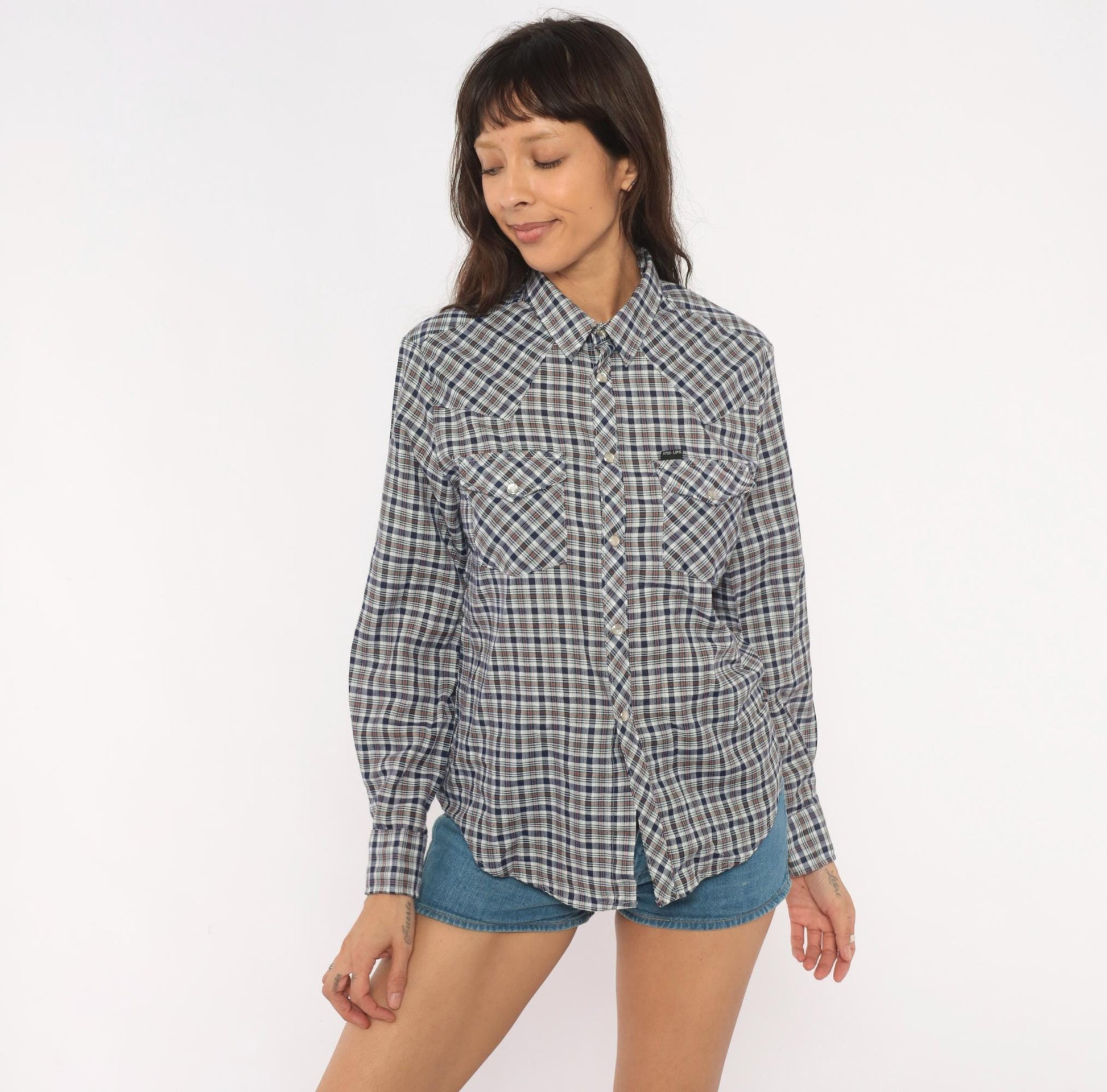 80s Stir Ups Western Plaid Pearl Snap Shirt Navy White Check Cotton Medium