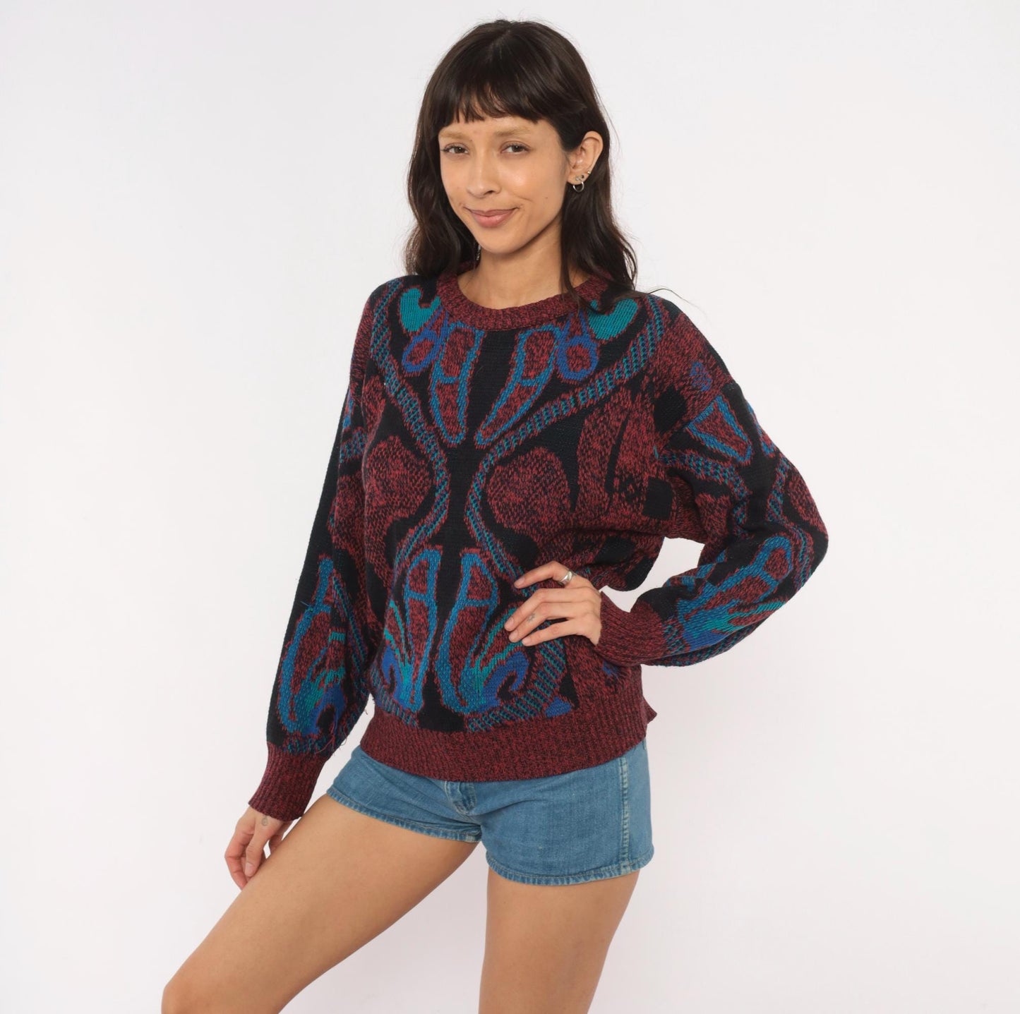 80s City Streets Abstract Knit Sweater Burgundy Teal Intarsia Medium