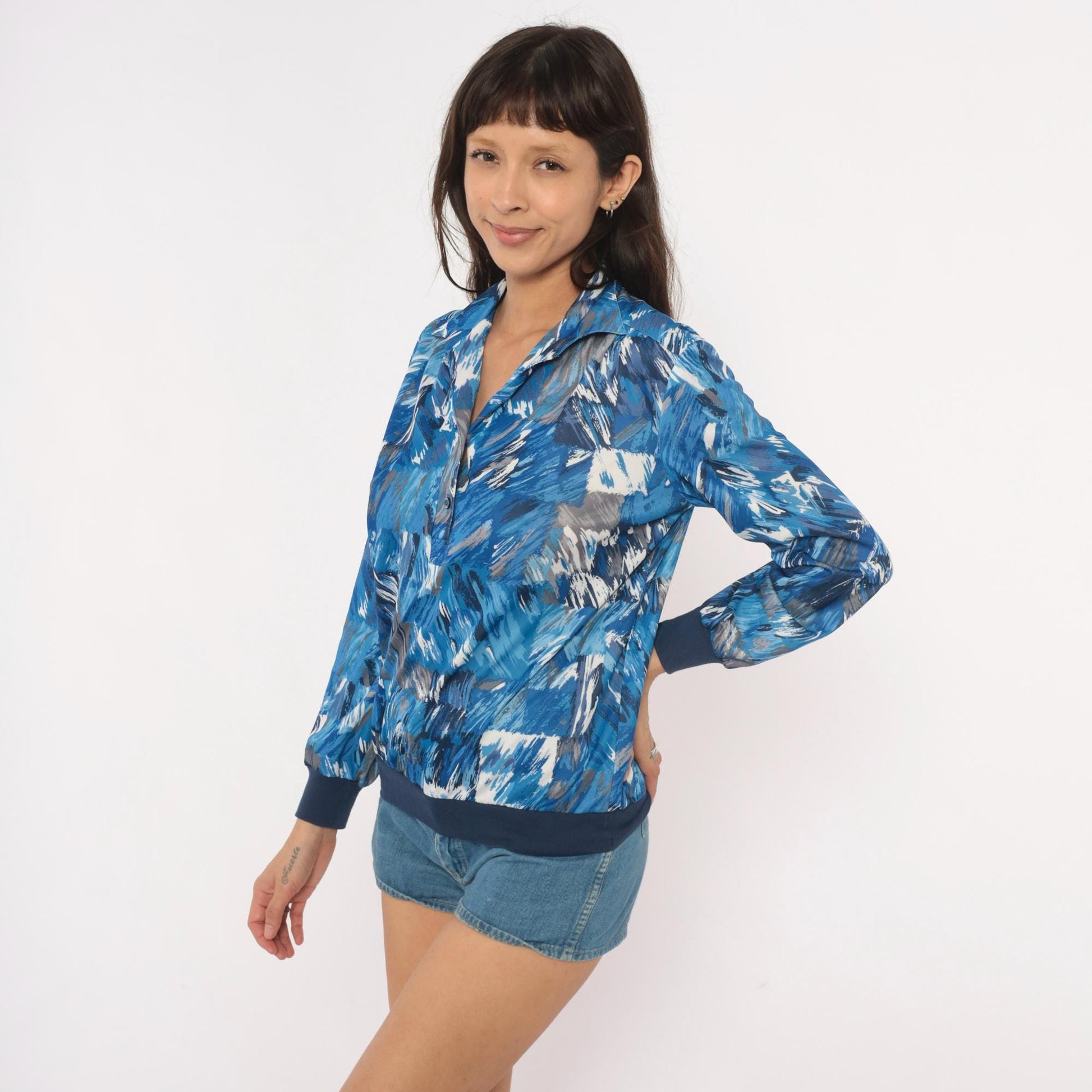 70s Abstract Brushstroke Blouse Cobalt Navy Grey Collared V-Neck Medium