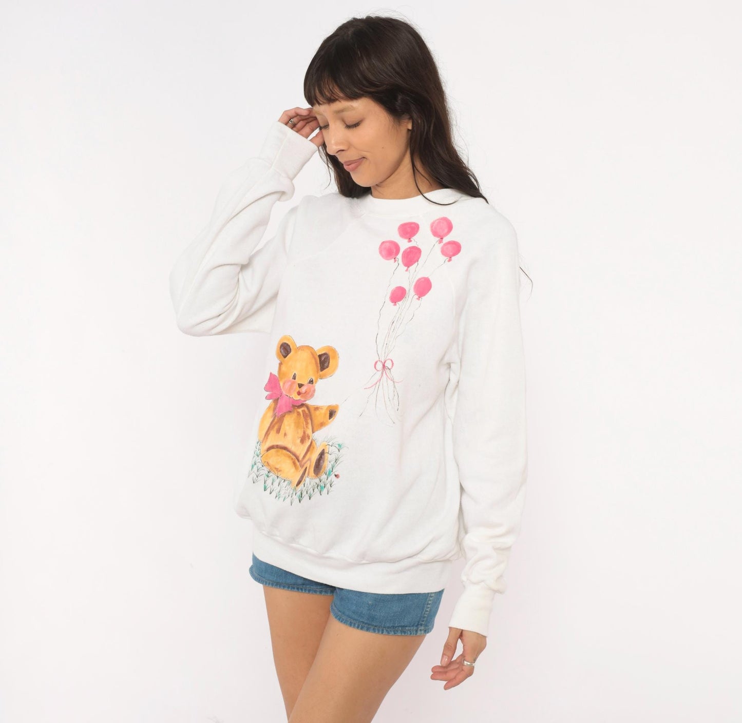 90s Hand-Painted Teddy Bear Sweatshirt White Pink Balloons Raglan Extra Large XL