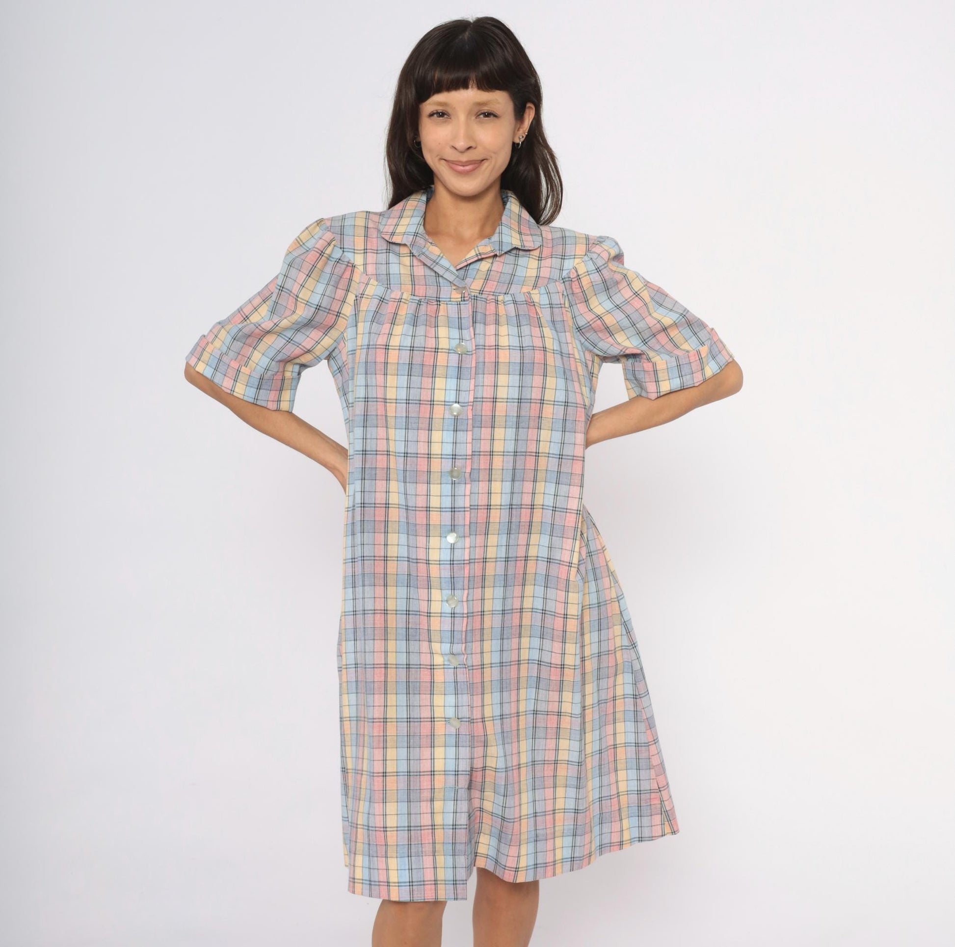 80s Pastel Plaid Cotton Shirt Dress Knee-Length Collared Housecoat Large