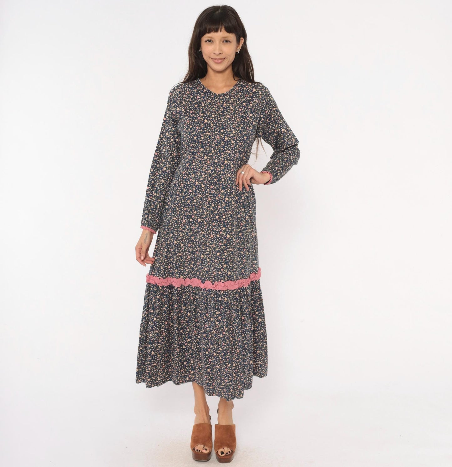 Y2K Indah Navy Floral Maxi Dress Cotton Long Sleeve Ruffle Trim Medium M
