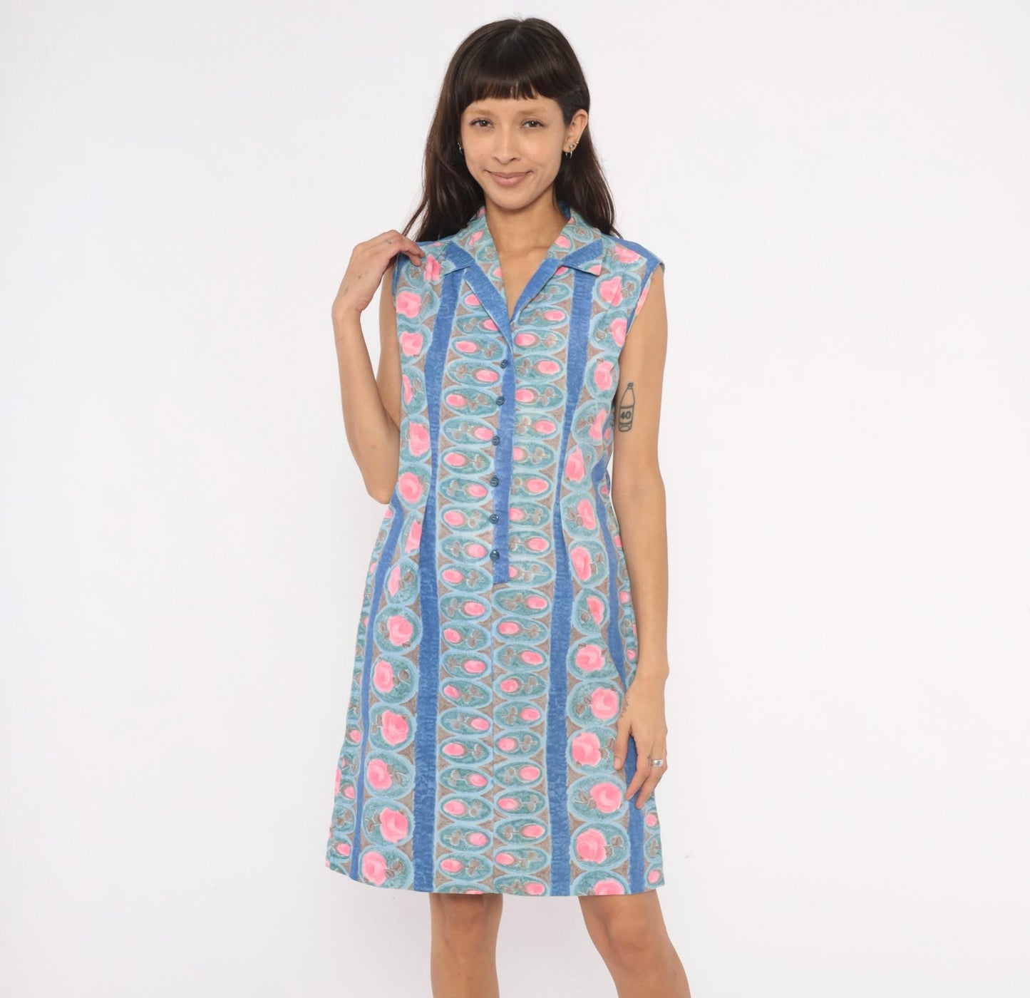 80s Floral Medallion Shirtdress Blue Pink Striped Cotton Sleeveless Medium