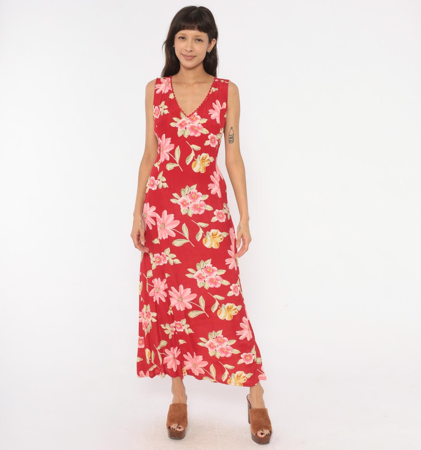 90s White Stag Red Floral Maxi Dress Sleeveless V-Neck Lace Trim Large L