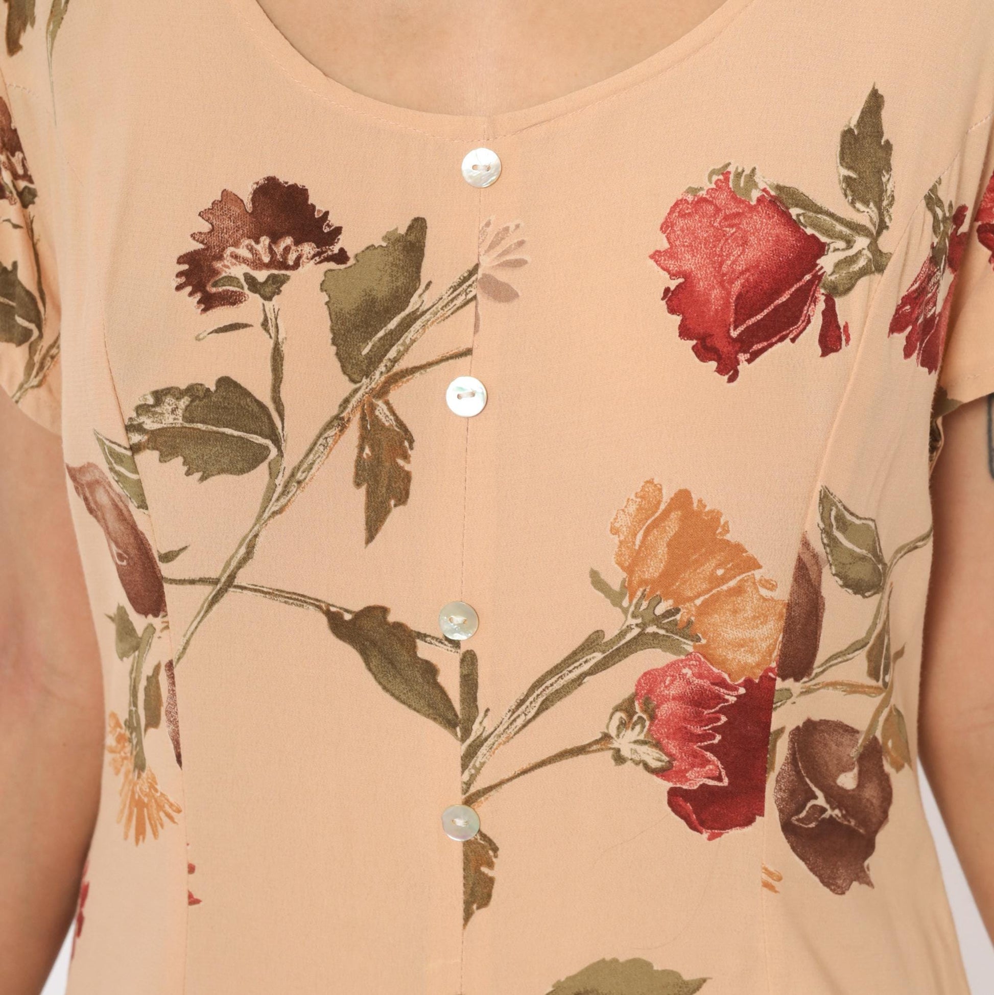 90s Jeffery & Dara Floral Maxi Dress Peach Button Front Scoop Neck Large L