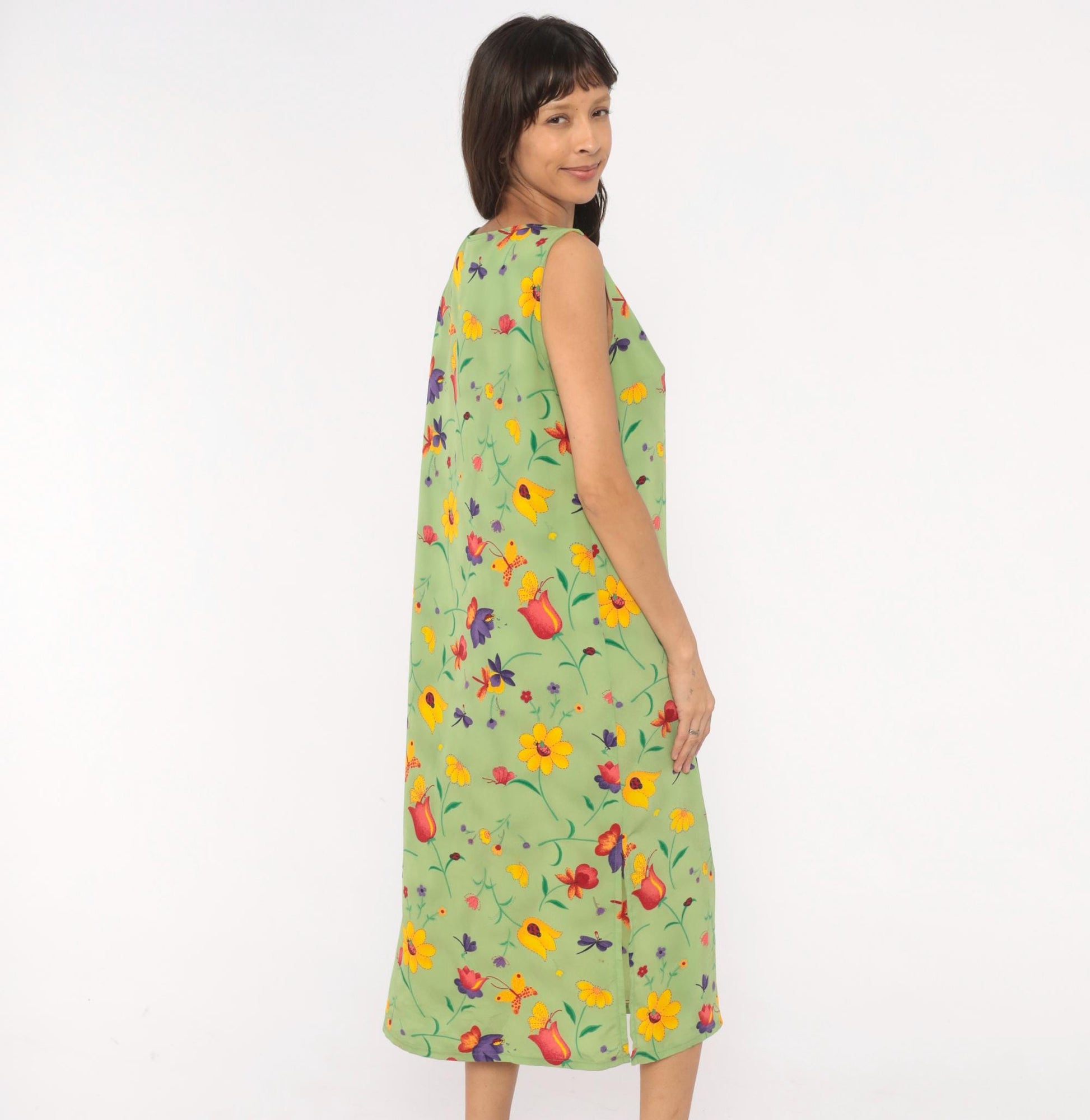 90s Sag Harbor Garden Print Midi Dress Sage Green Floral Petite Large