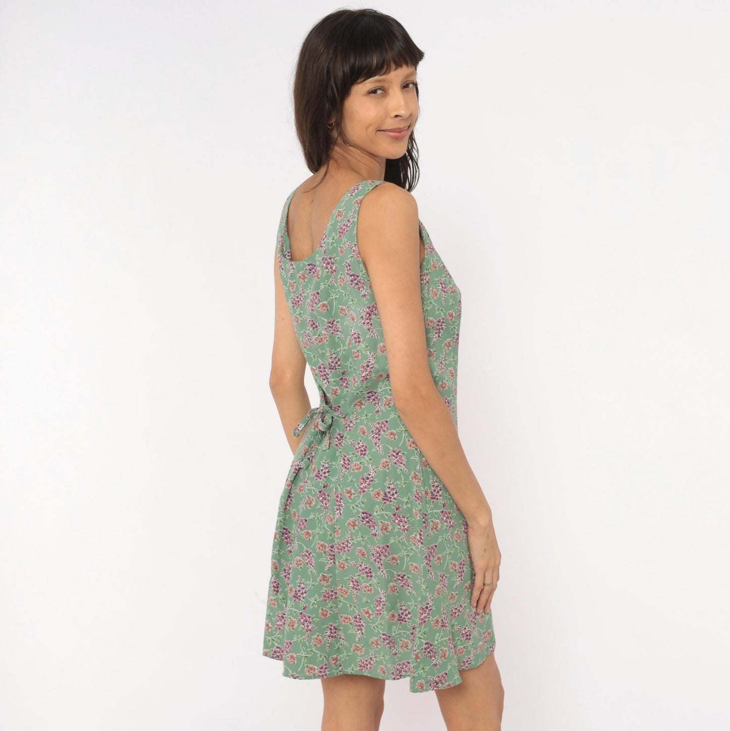 90s Robbie Bee Floral Mini Sundress Sage Green Button Front Large