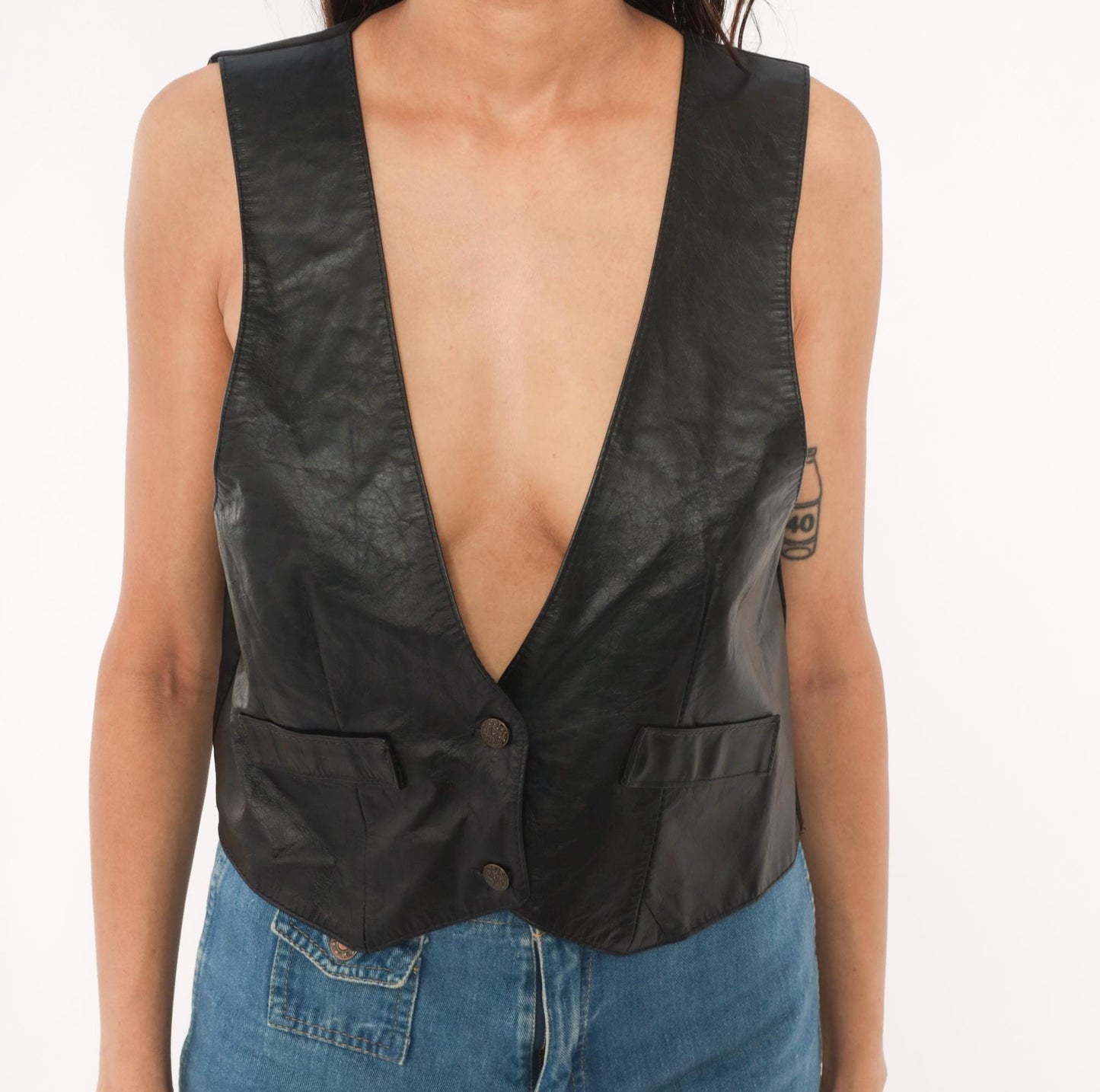 90s Eclipse Black Leather Vest Deep V Button Front Cropped Medium