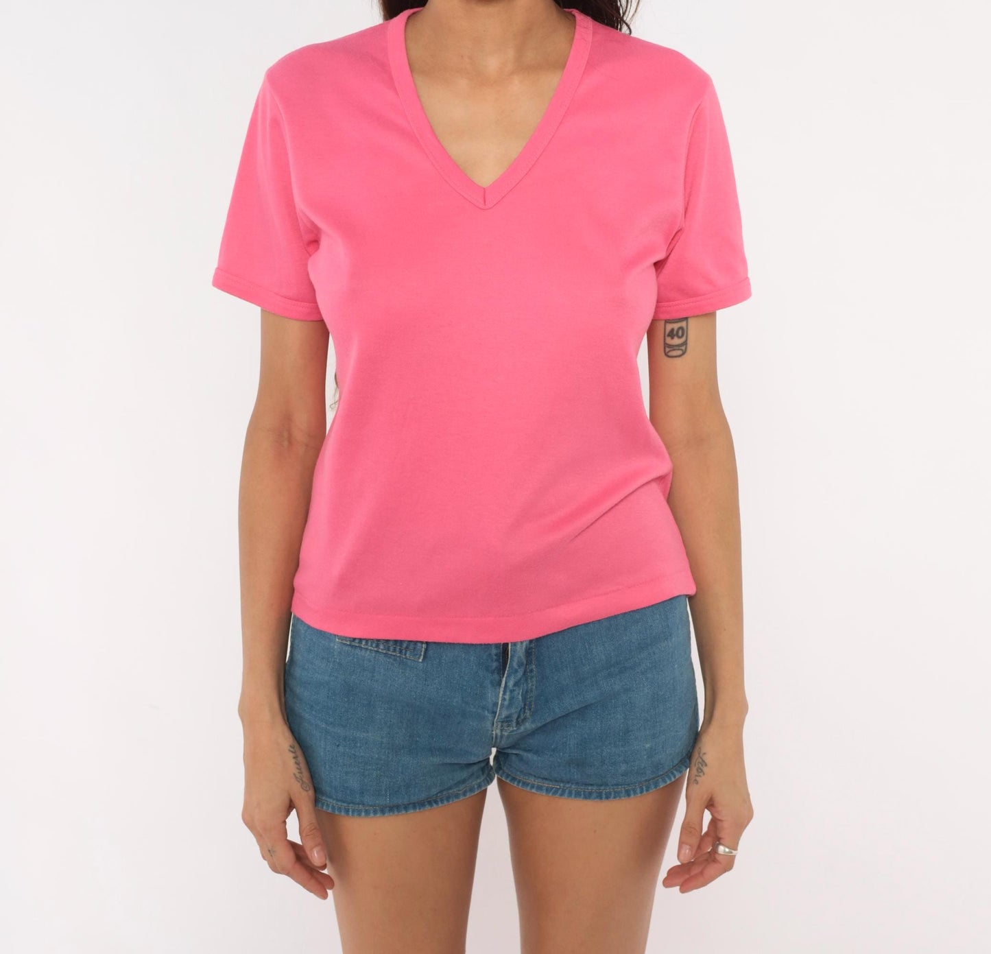 80s Hot Pink V-Neck Tee Short Sleeve Cotton Blend Fuchsia Pullover Large L