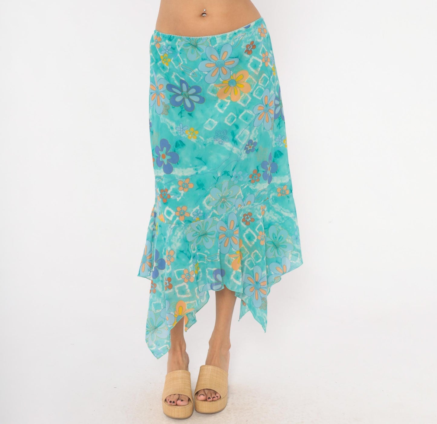 Y2K Millenium Psychedelic Handkerchief Midi Skirt Turquoise Floral Extra Large XXL