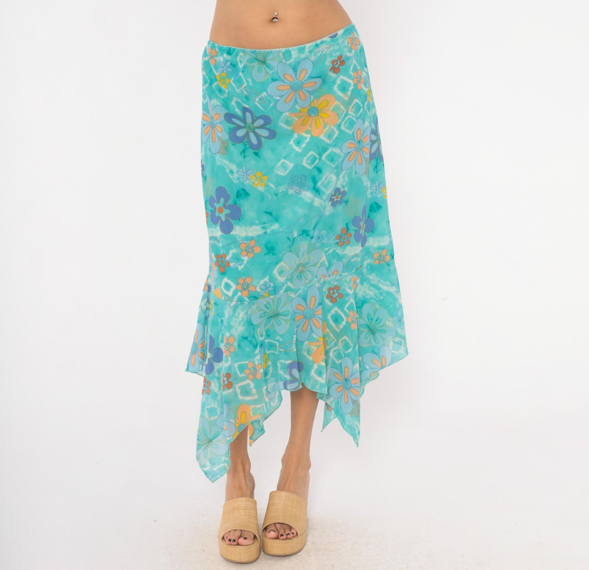 Y2K Millenium Psychedelic Handkerchief Midi Skirt Turquoise Floral Extra Large XXL