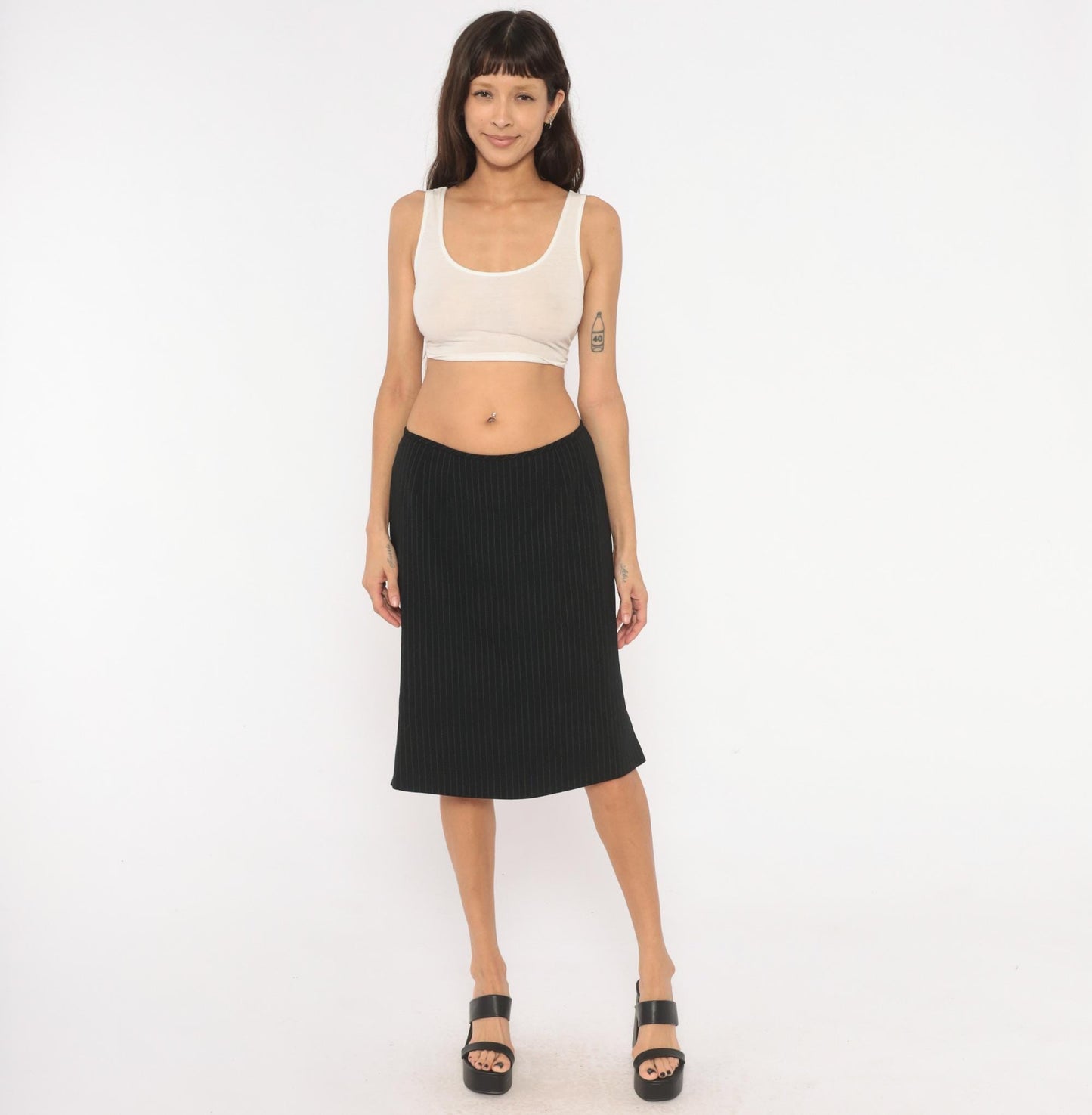 2000s Black Pinstripe A-Line Skirt White Stripe Knee-Length Medium M
