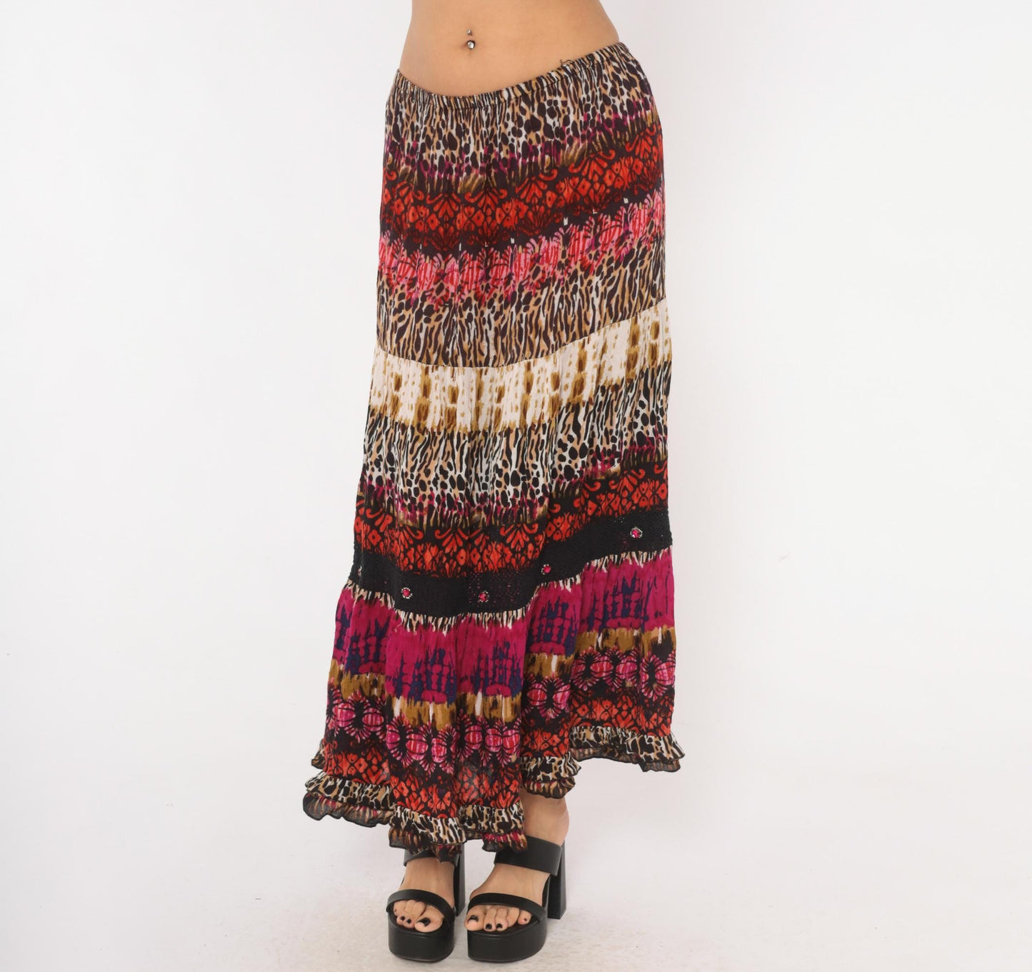 90s Forbidden Animal Print Maxi Skirt Pink Leopard Tiered XL