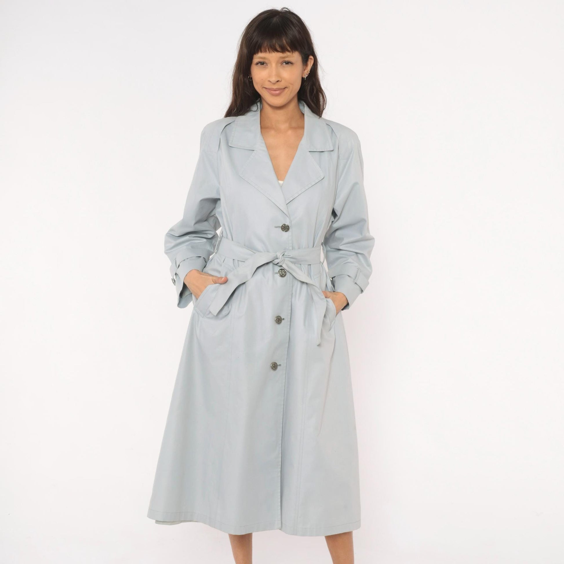 80s London Fog Trench Coat Blue Grey Belted Single Breasted Medium