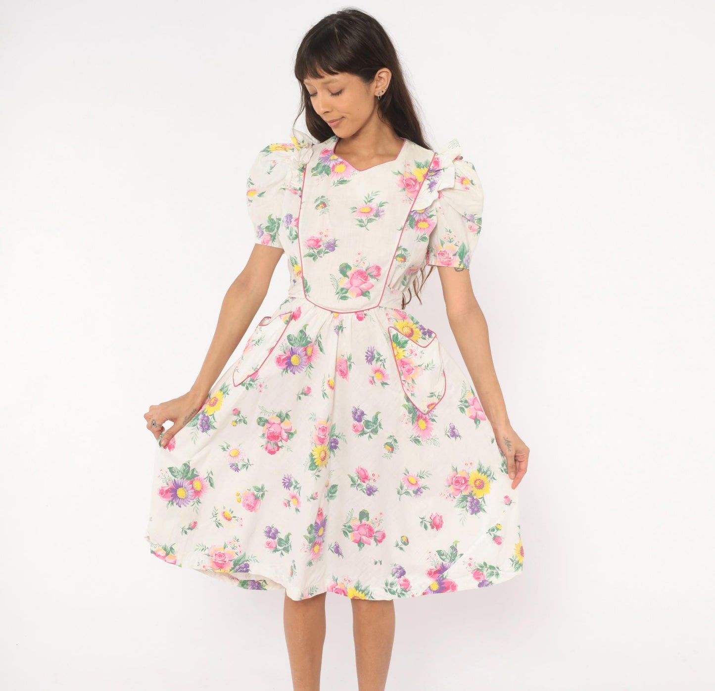 1950s Floral Cotton Dress Puff Sleeve V-Neck Pink White Rose Print Medium