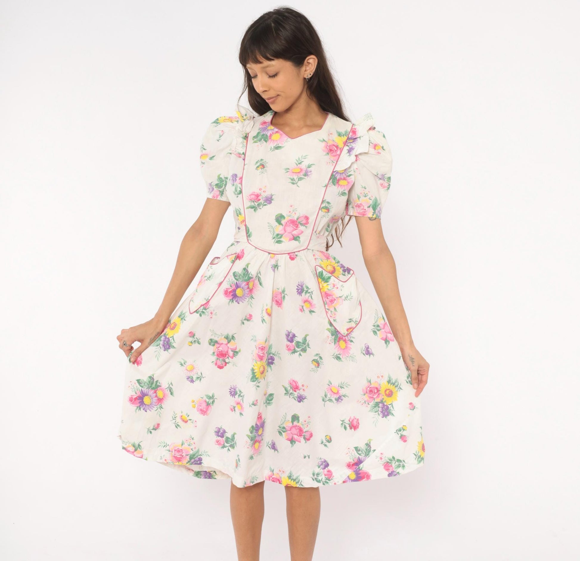 1950s Floral Cotton Dress Puff Sleeve V-Neck Pink White Rose Print Medium