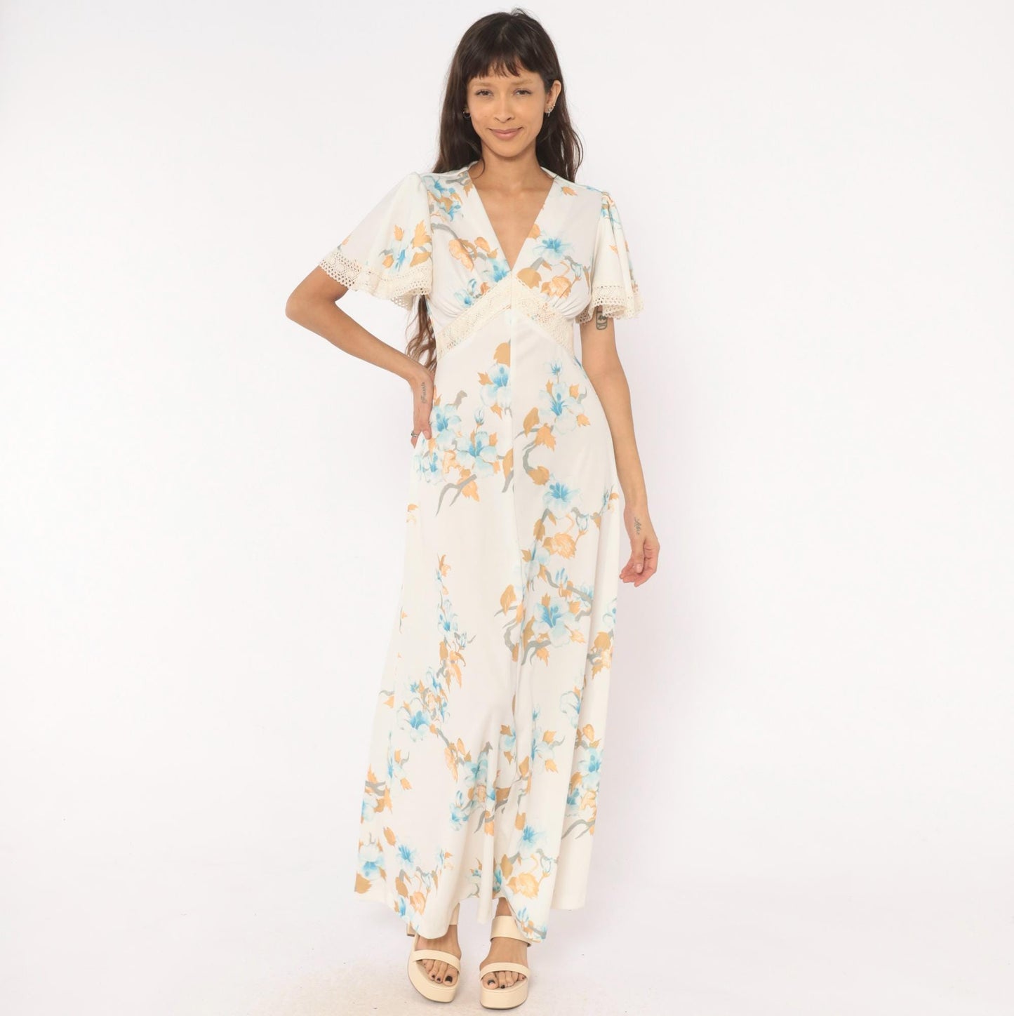 70s Floral Maxi Dress Crochet Lace V-Neck Puff Sleeve Ivory Blue Peach Large
