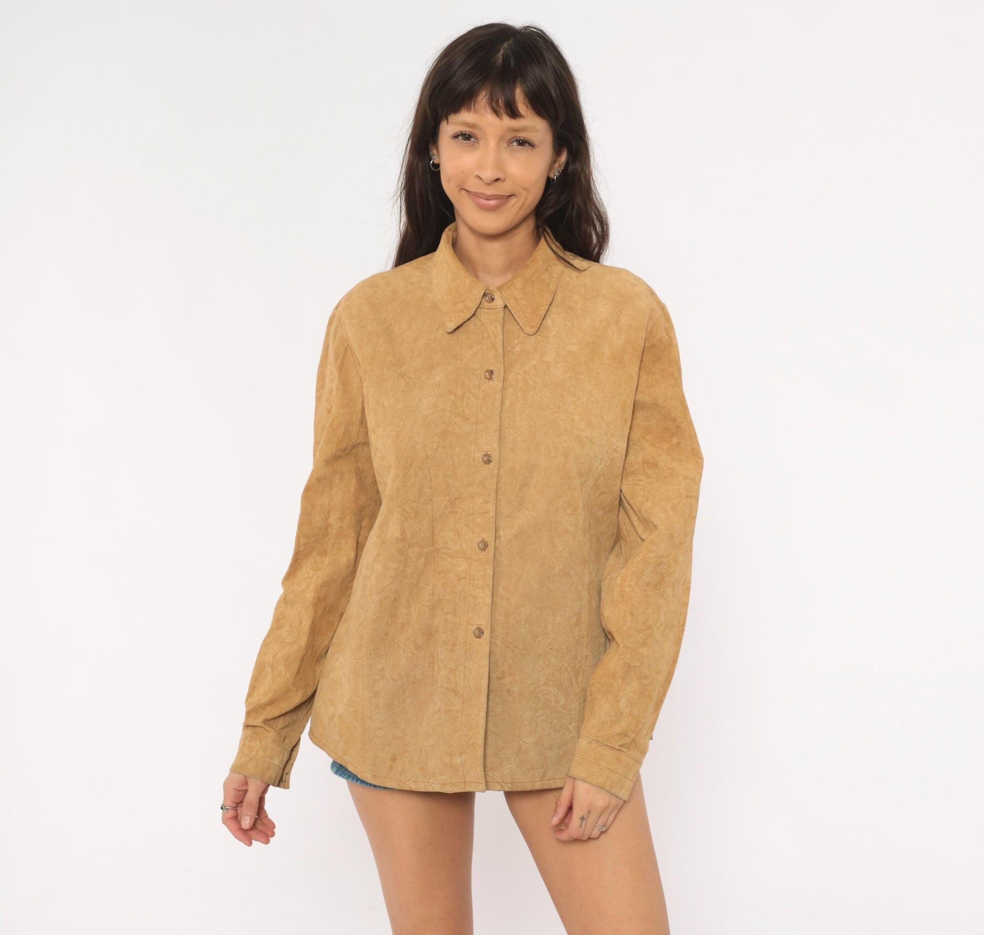 2000s Coldwater Creek Suede Shirt Embossed Floral Camel Button-Front Large L