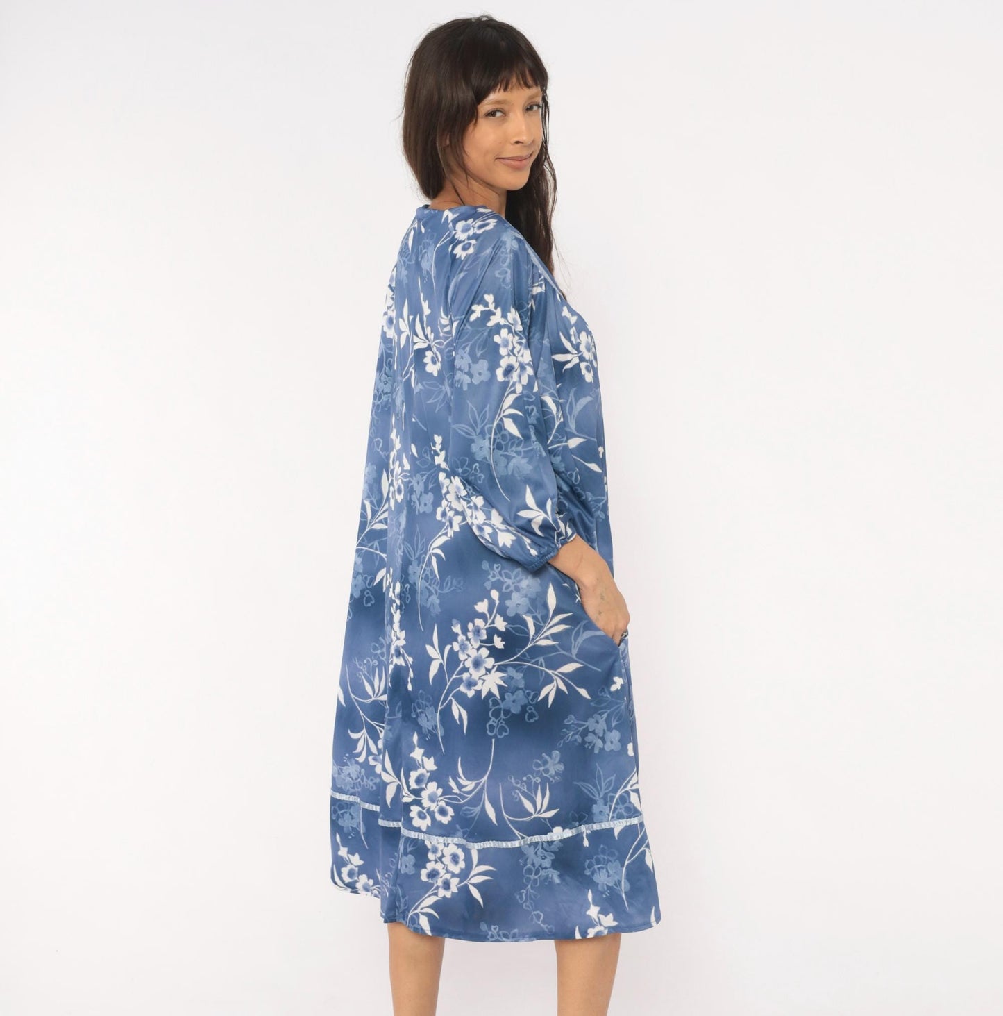 90s Blue White Floral Nightgown Lace Trim Mid-Calf Botanical Gown Medium XL