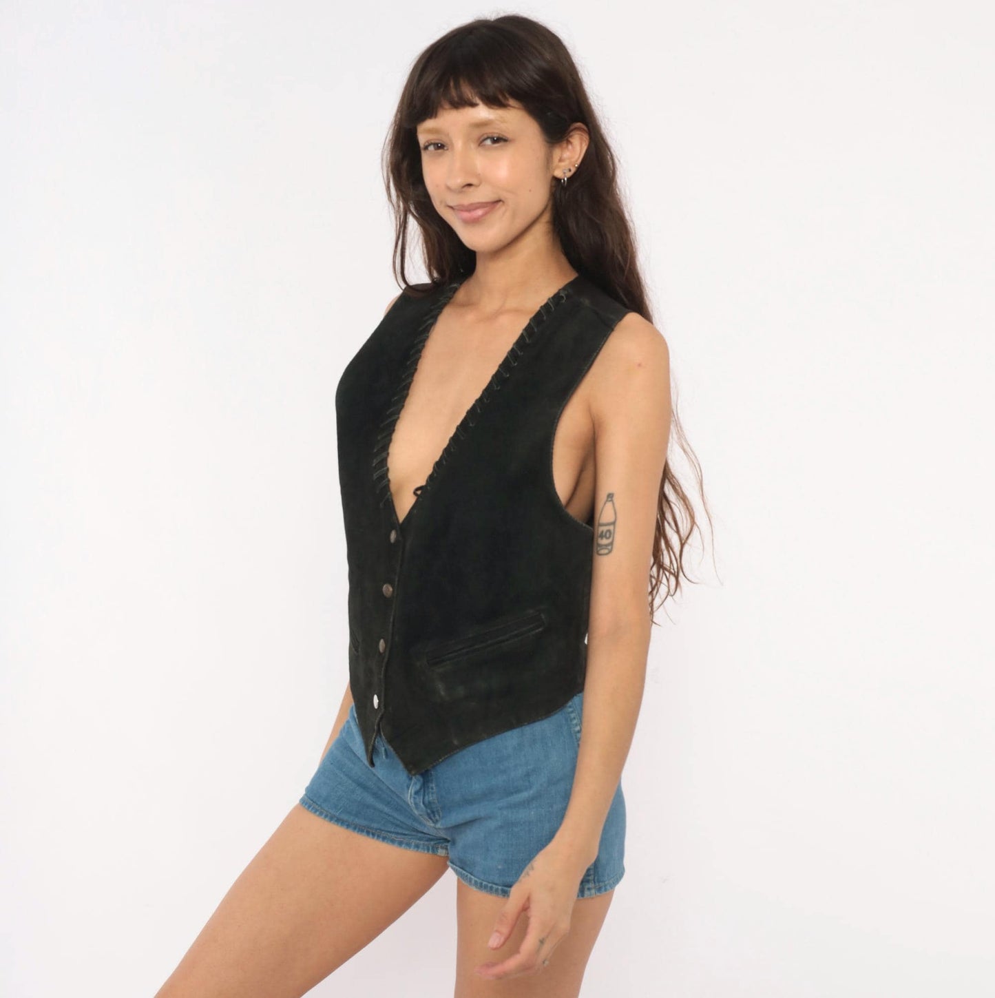 90s Black Suede Vest Whipstitch Snap Front Western Small S
