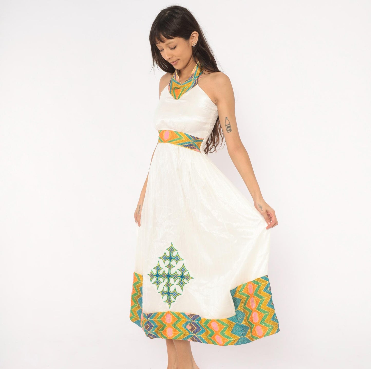 90s White Cotton Gauze Halter Midi Dress Embroidered Cross Geometric Trim Small
