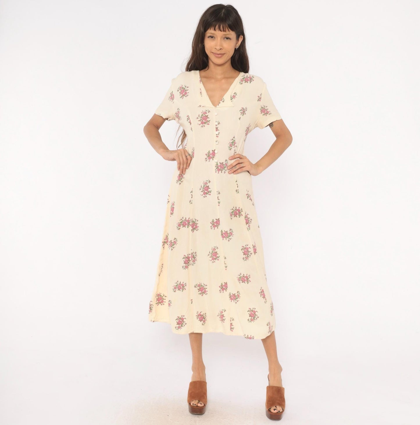 90s Ultra Dress Cream Floral Midi Button Front V Neck Lace Up Back Medium