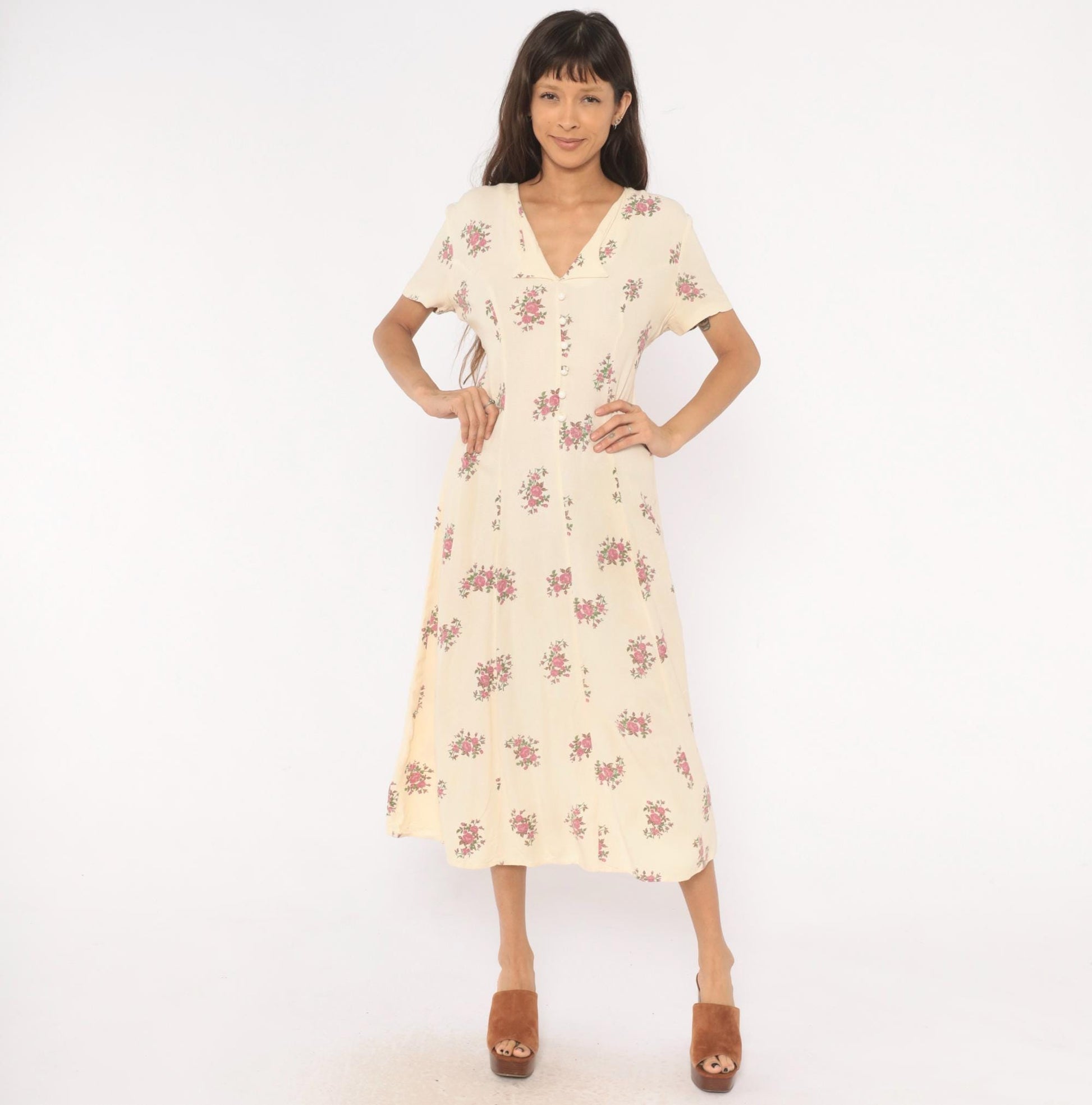 90s Ultra Dress Cream Floral Midi Button Front V Neck Lace Up Back Medium