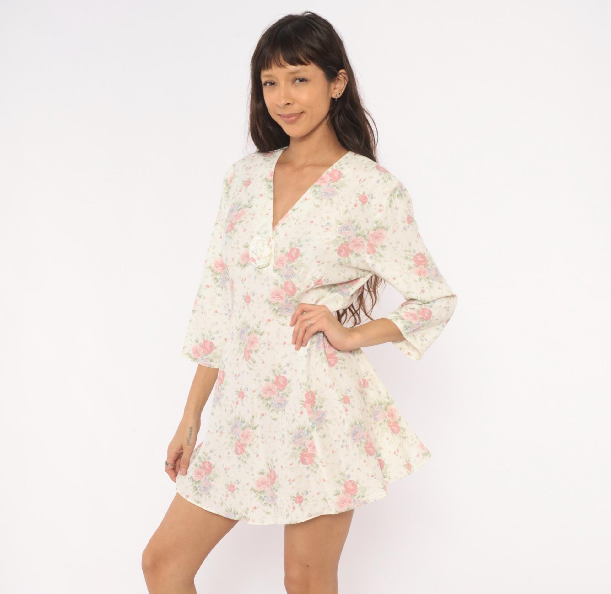 90s Eber Rose Floral Mini Dress Cream V-Neck Rosette Large L