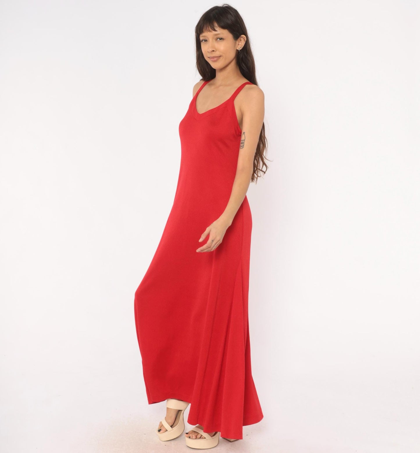 70s Red Maxi Dress V Neck A-Line Slip Gown Strappy Tank Medium M
